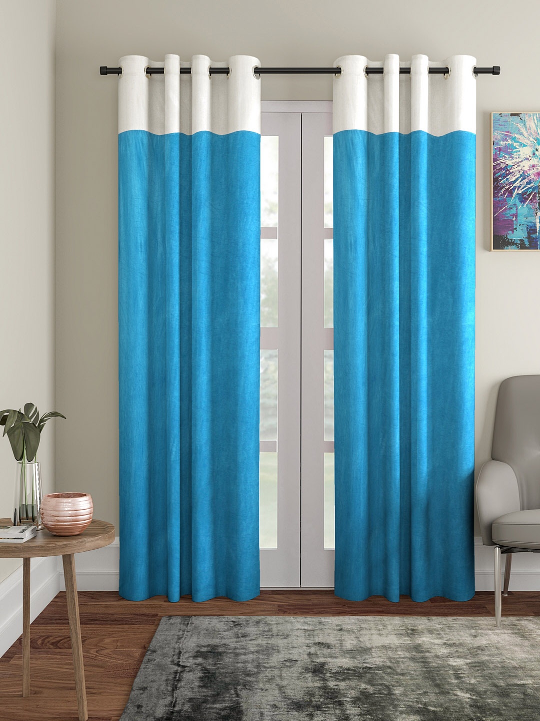 

Home Sizzler Turquoise Blue & Cream-Coloured Set of 2 Colourblocked Door Curtain