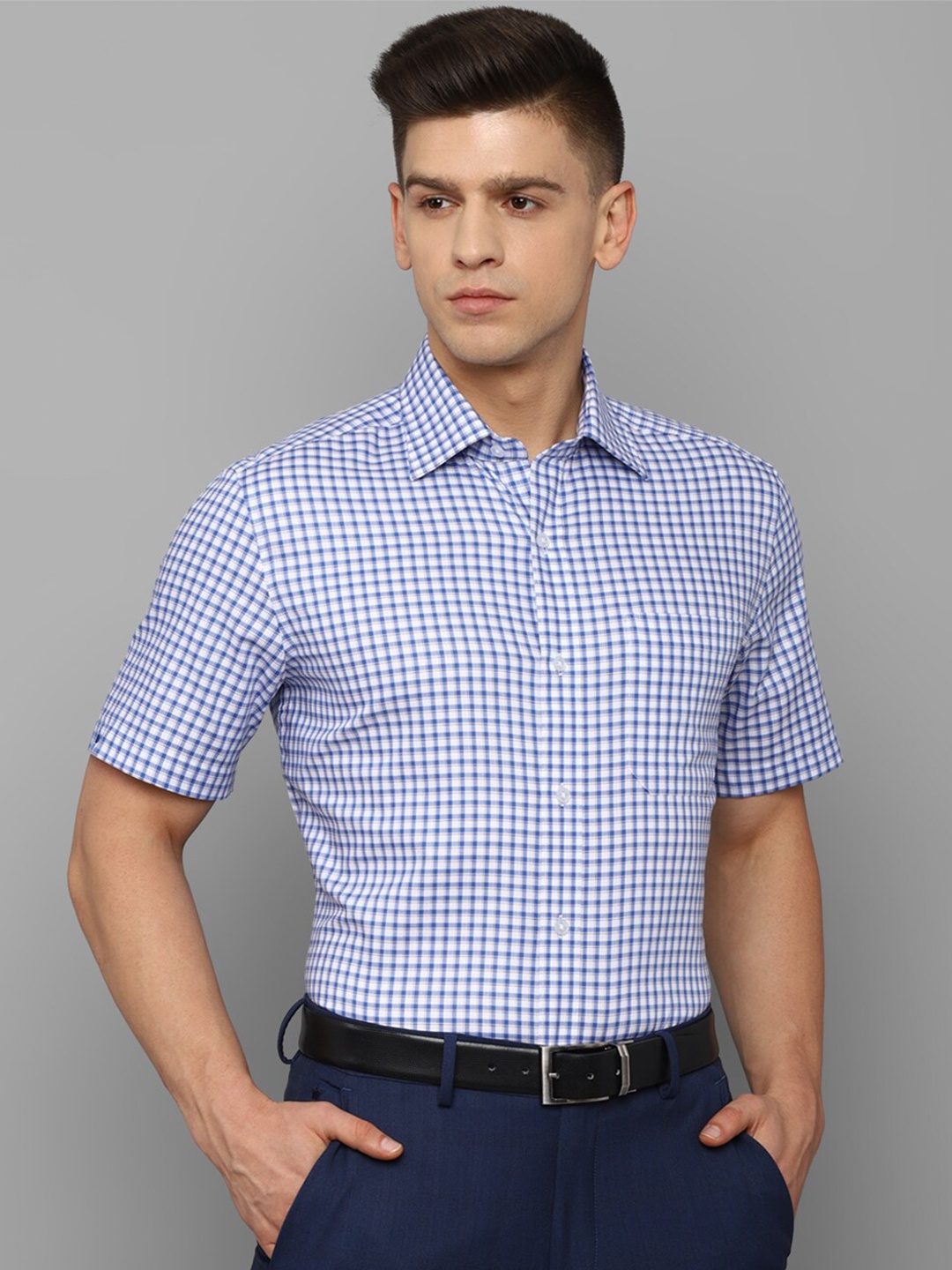

Louis Philippe Men Blue & White Gingham Checked Cotton Formal Shirt