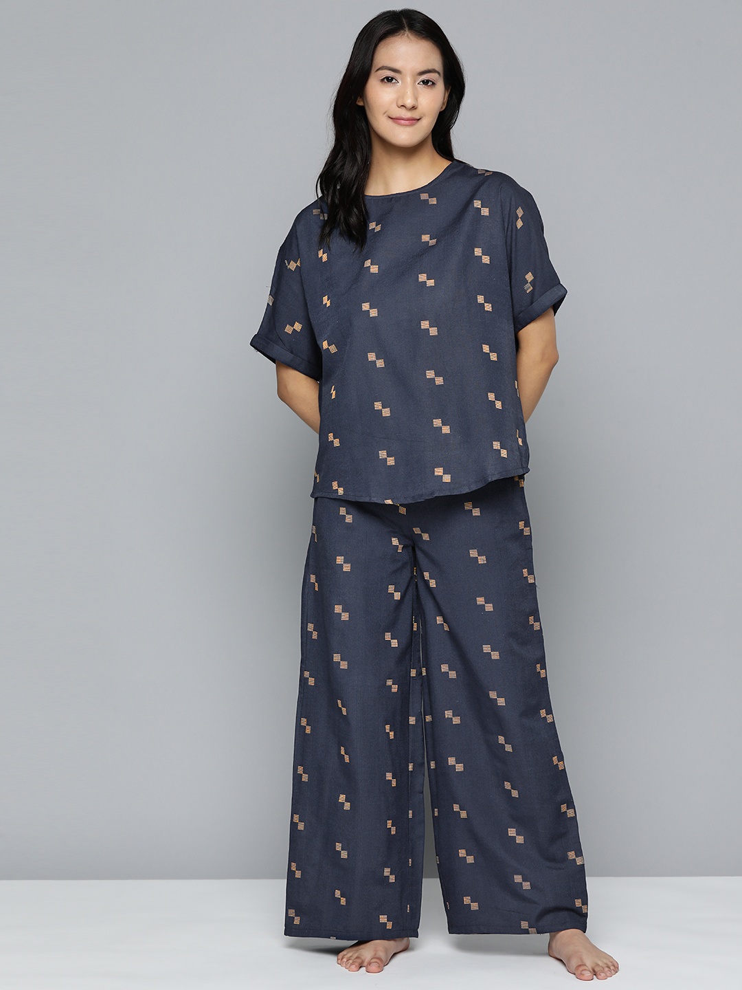 

HERE&NOW Women Navy Blue & Beige Printed Pyjama Set