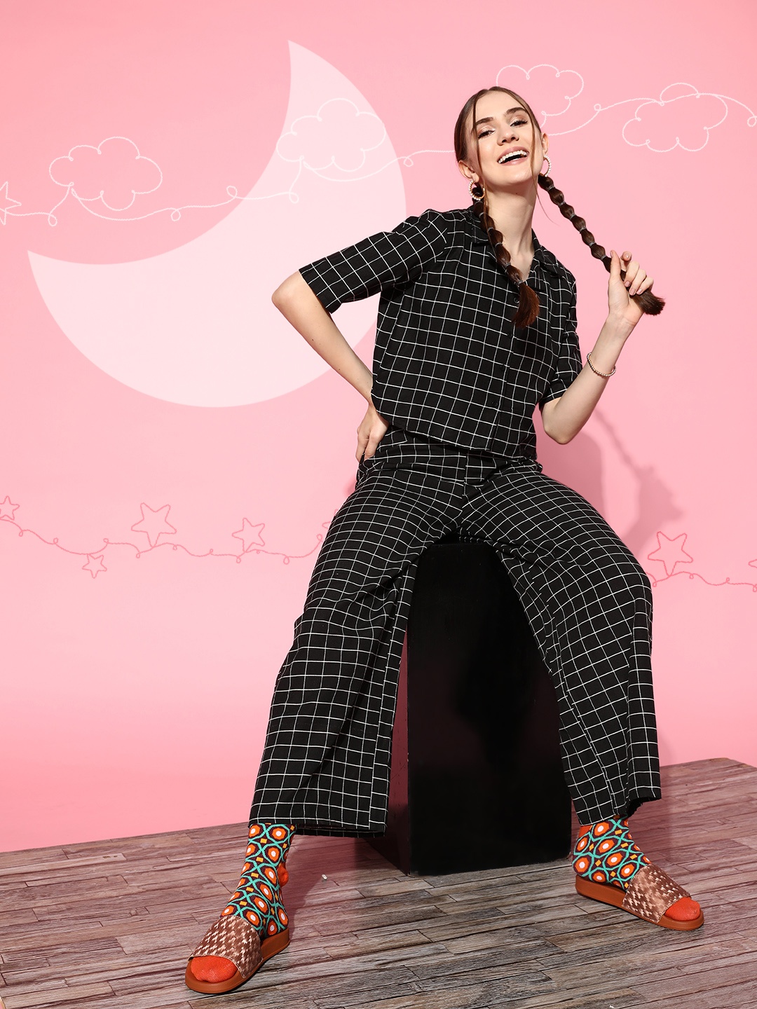 

HERE&NOW Women Black & White Checked Pyjama Set