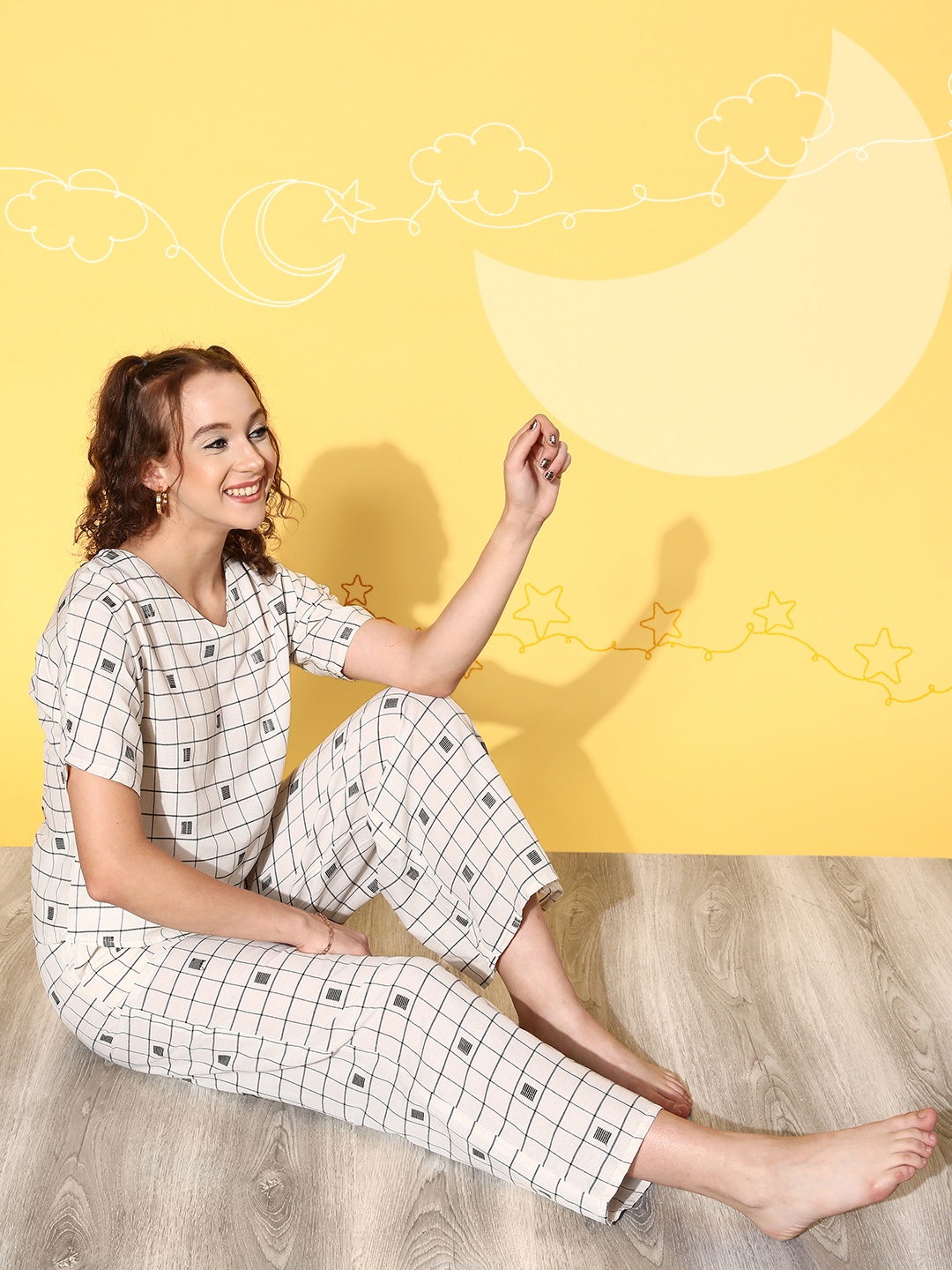 

HERE&NOW Women White & Black Checked Pyjama suit