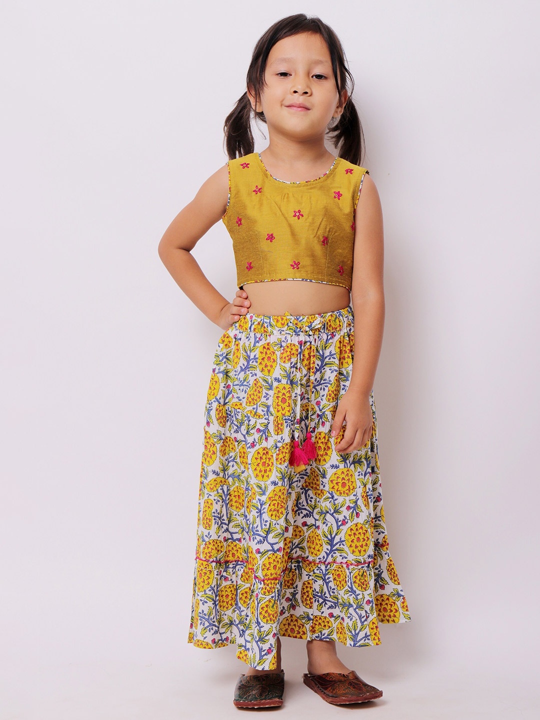 

My Little Lambs Girls Yellow & White Embroidered Ready to Wear Lehenga & Choli