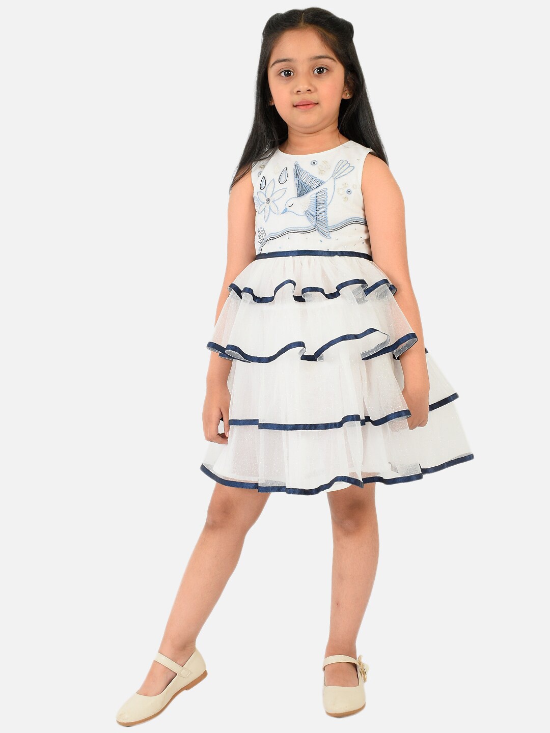 

Nauti Nati White & Blue Embroidered Layered Net Dress