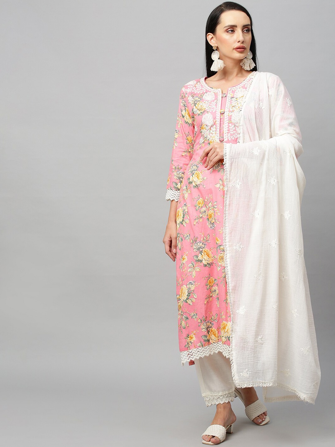 

FASHOR Women Pink Printed & Embroidered Kurta with Trousers & Dupatta