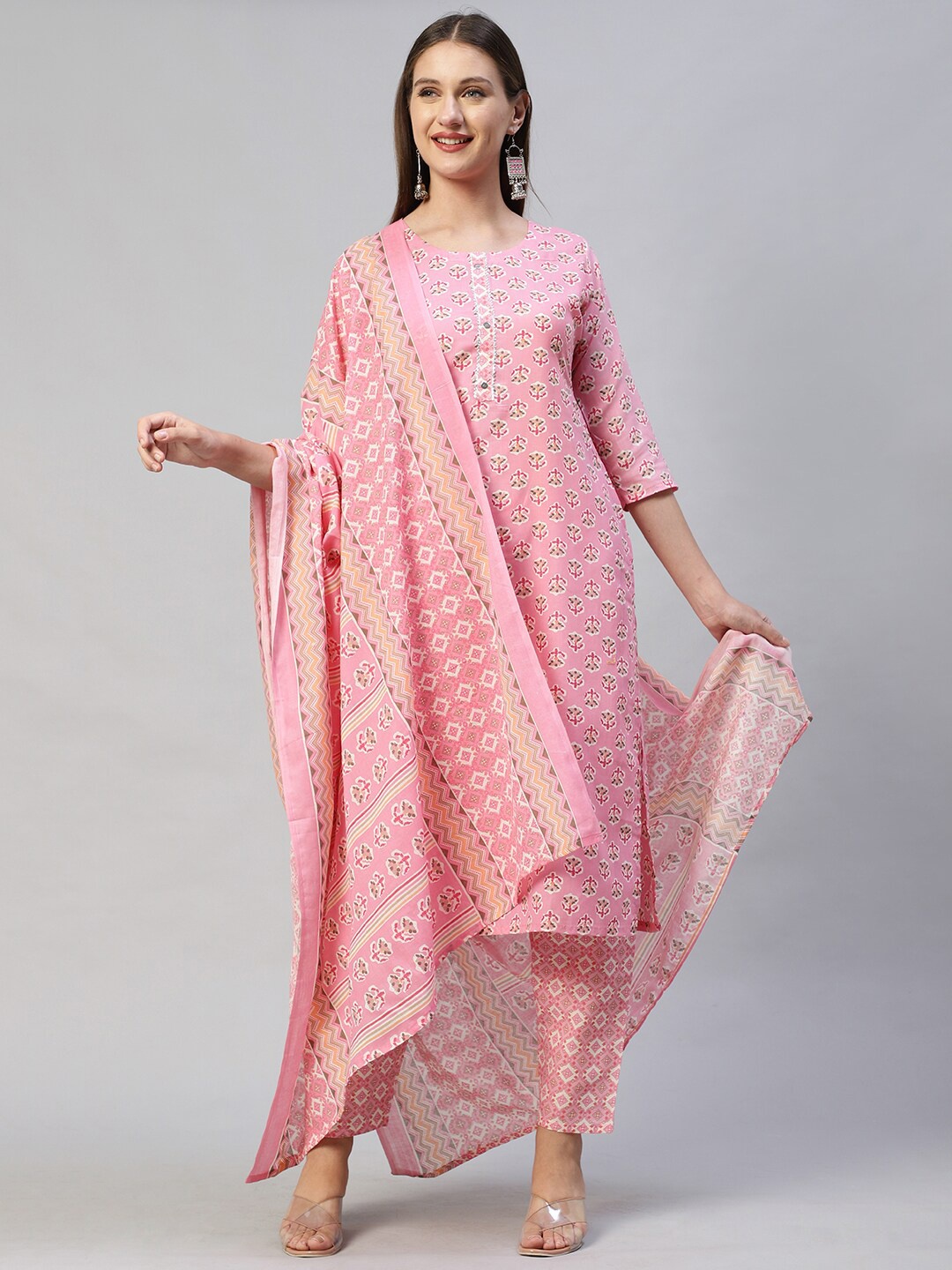 

FASHOR Women Pink Printed Pure Cotton Kurta with Trousers & With Dupatta