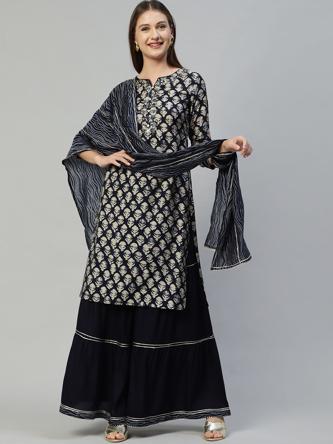 

FASHOR Women Navy Blue Embroidered Sequinned Kurti with Palazzos & With Dupatta