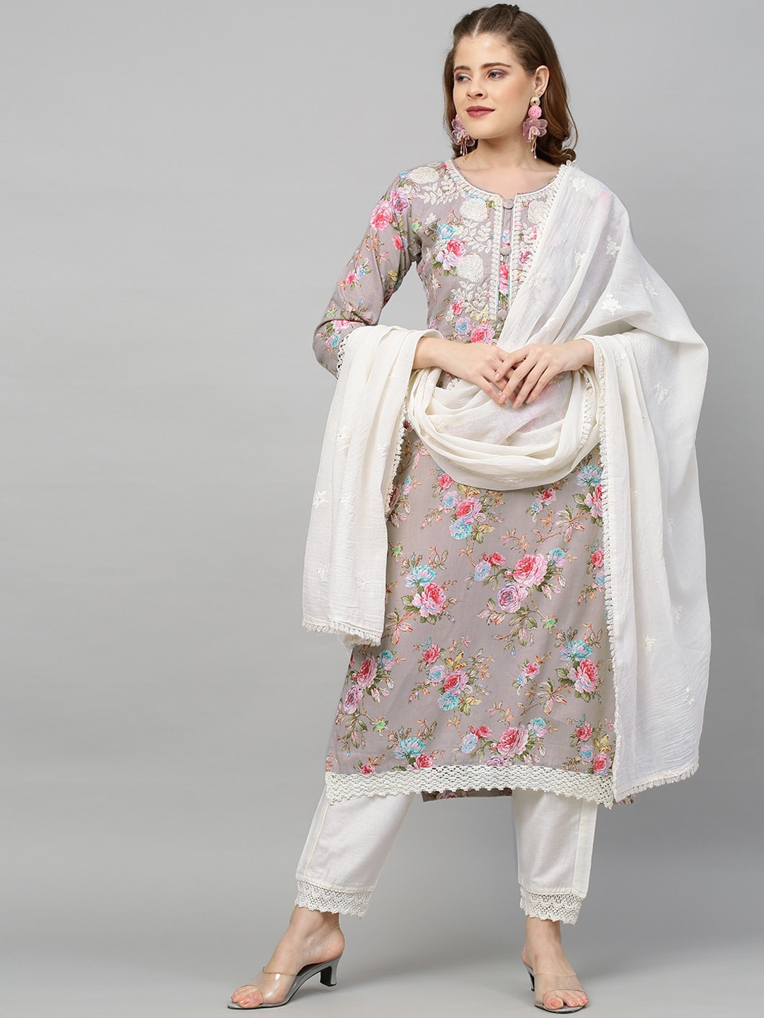 

FASHOR Women Purple Floral Embroidered Panelled Sequinned Kurta with Trousers & With Dupatta