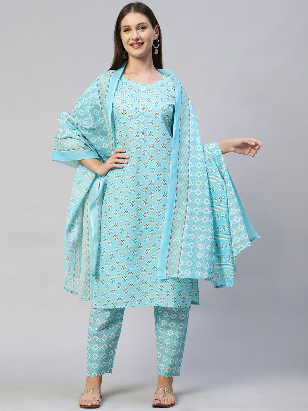 

FASHOR Women Blue Embroidered Panelled Gotta Patti Pure Cotton Kurti with Trousers & With Dupatta
