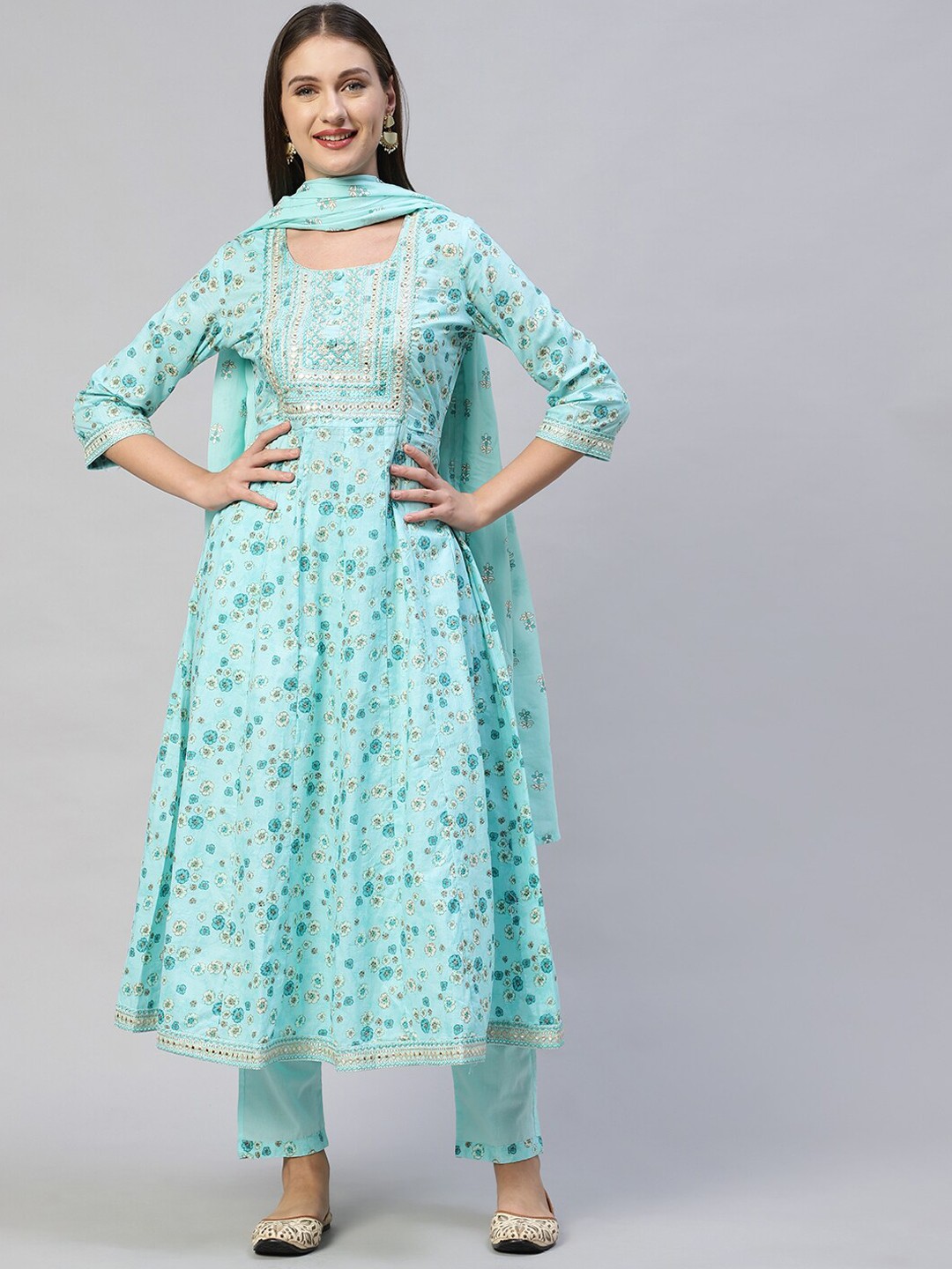 

FASHOR Women Turquoise Blue Ethnic Motifs Printed Mirror Work Pure Cotton Kurta with Trousers & With Dupatta