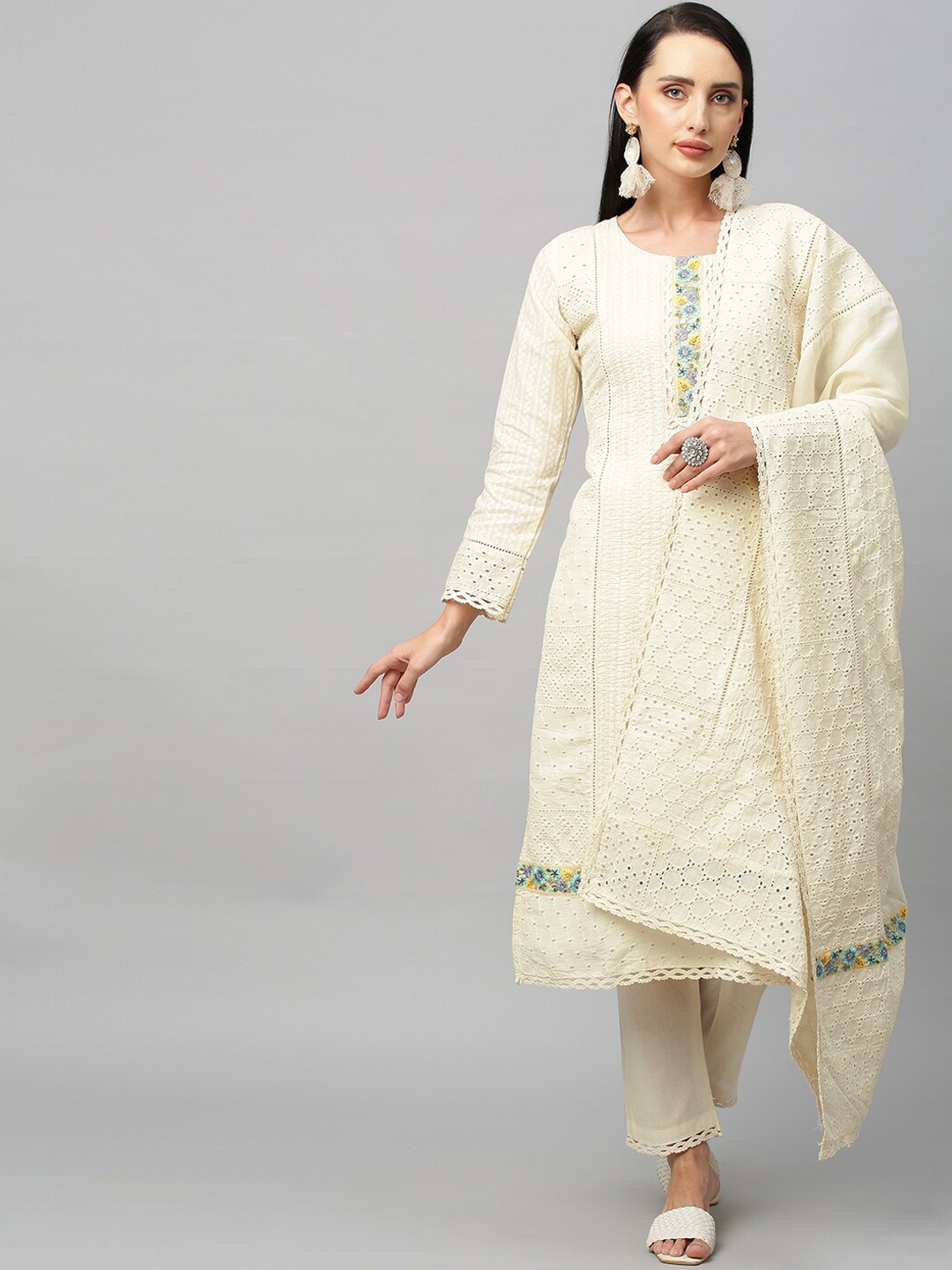 

FASHOR Women Off White Layered Pure Cotton Top with Trousers & With Dupatta