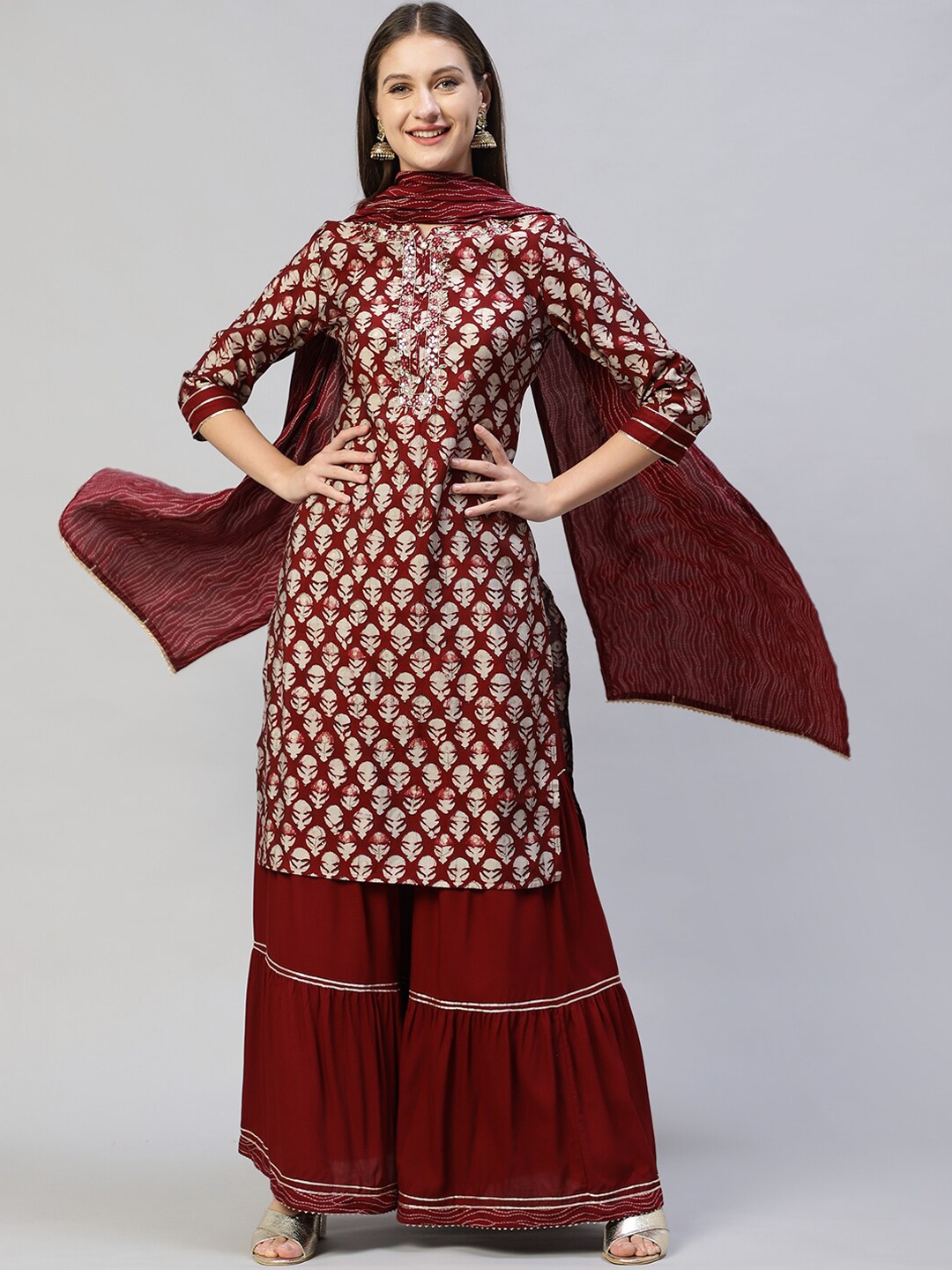 

FASHOR Women Maroon Ethnic Motifs Kurta with Sharara & With Dupatta
