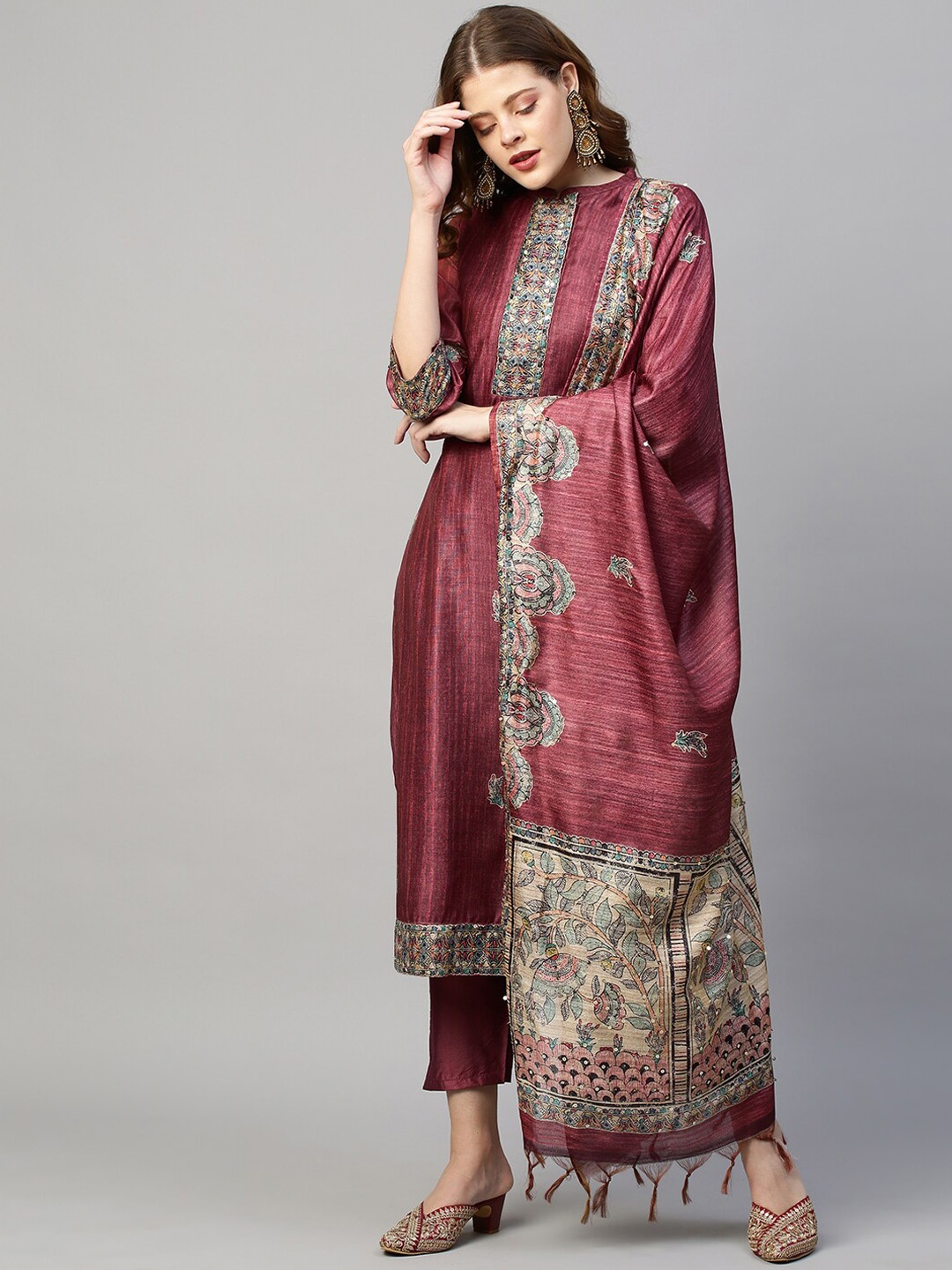 

FASHOR Women Burgundy Ethnic Motifs Chanderi Silk Kurta with Trousers & With Dupatta