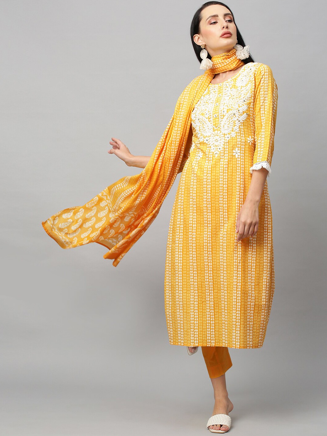 

FASHOR Women Yellow Printed Chikankari Kurta with Trousers & With Dupatta