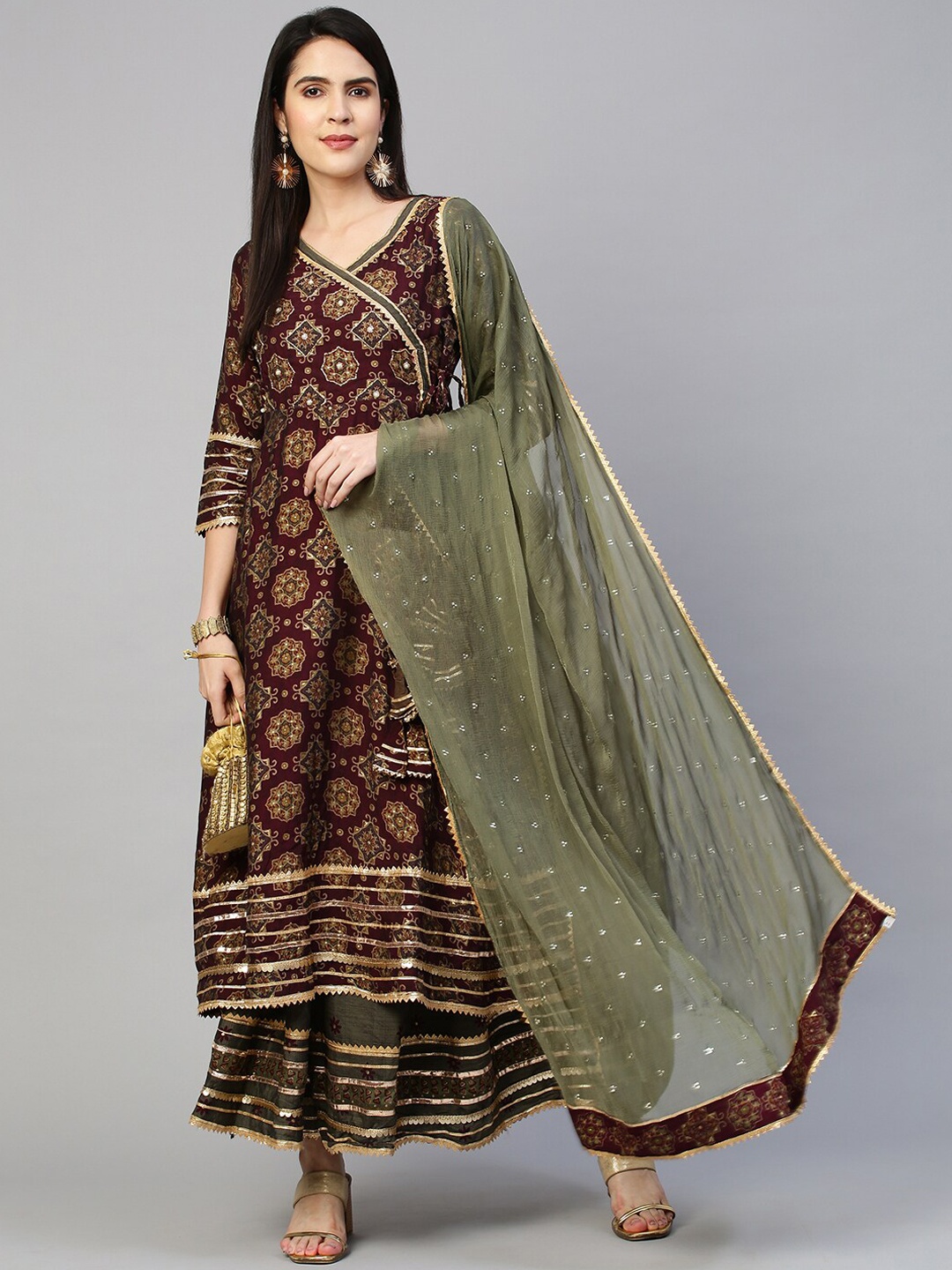 

FASHOR Women Purple Printed Angrakha Gotta Patti Kurti With Skirt & Dupatta