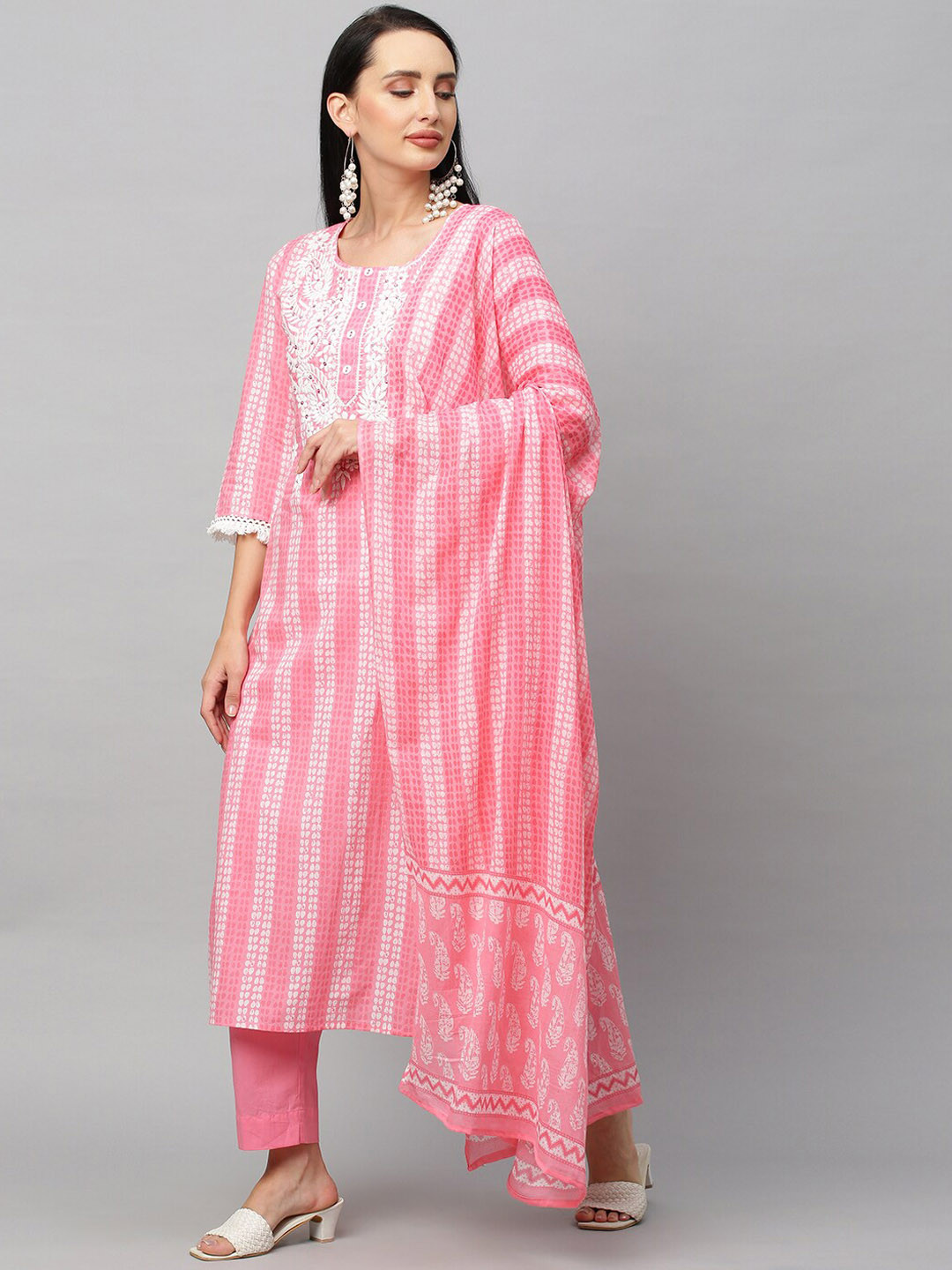 

FASHOR Women Pink Printed Chikankari Kurta with Trouser & Dupatta