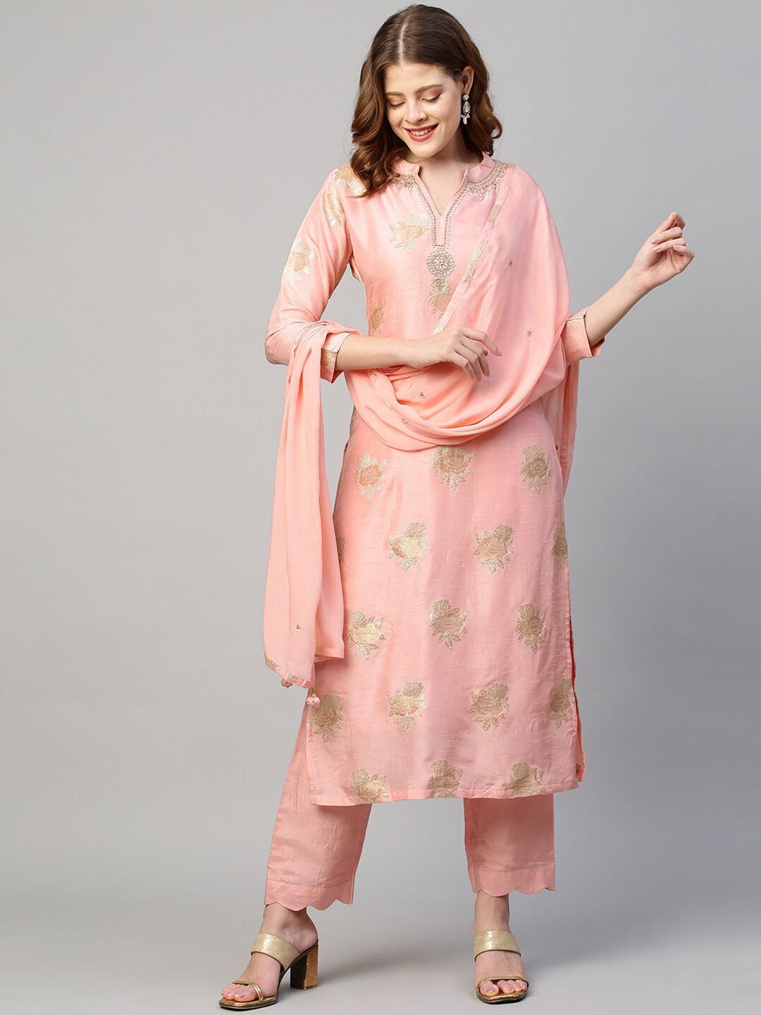 

FASHOR Women Pink Striped Layered Sequinned Kurta with Trousers & With Dupatta