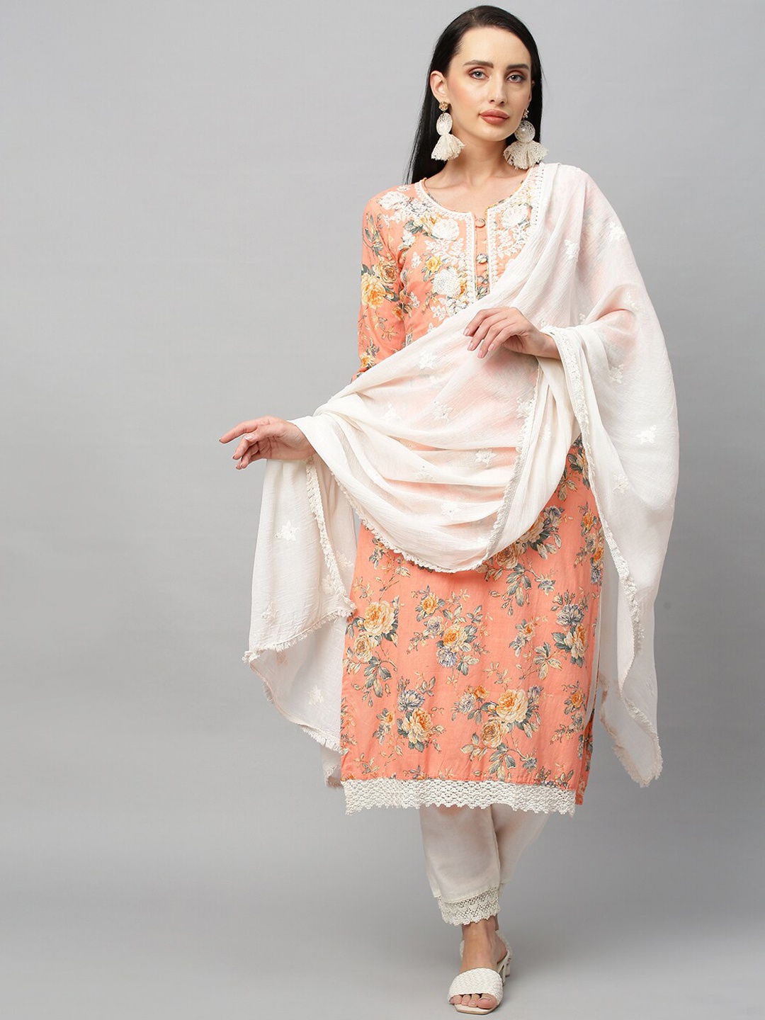 

FASHOR Women Peach-Coloured Sequinned Kurta with Churidar & With Dupatta