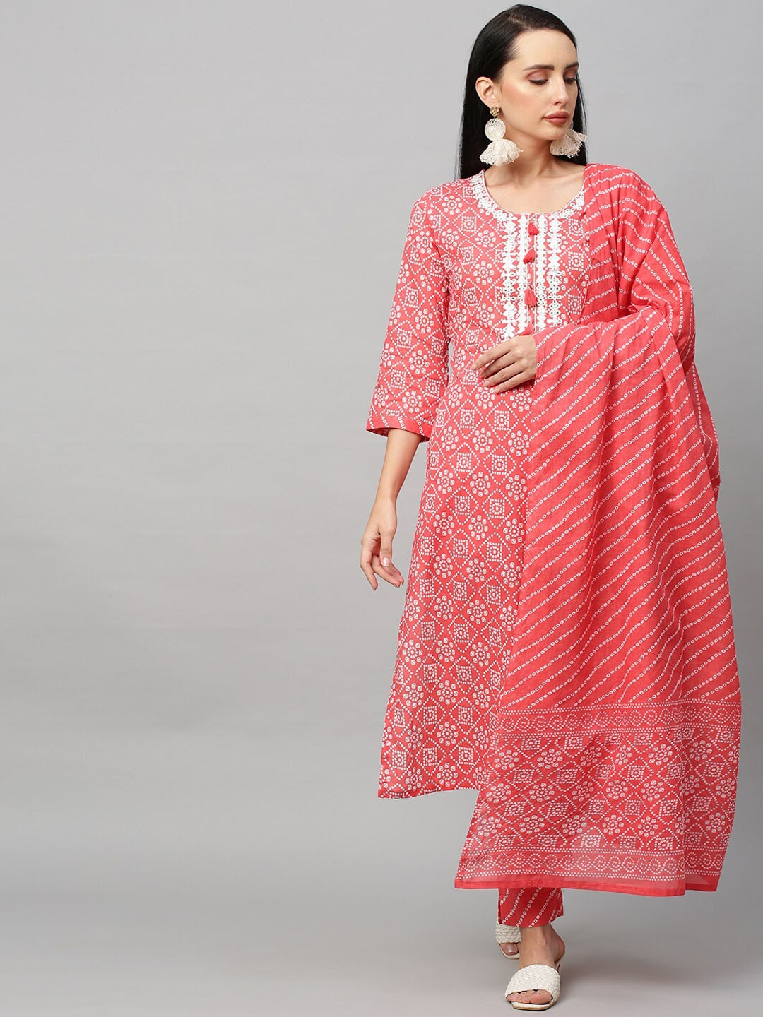 

FASHOR Women Pink Bandhani Printed & Embroidered Mirror Work Kurta with Churidar & Dupatta