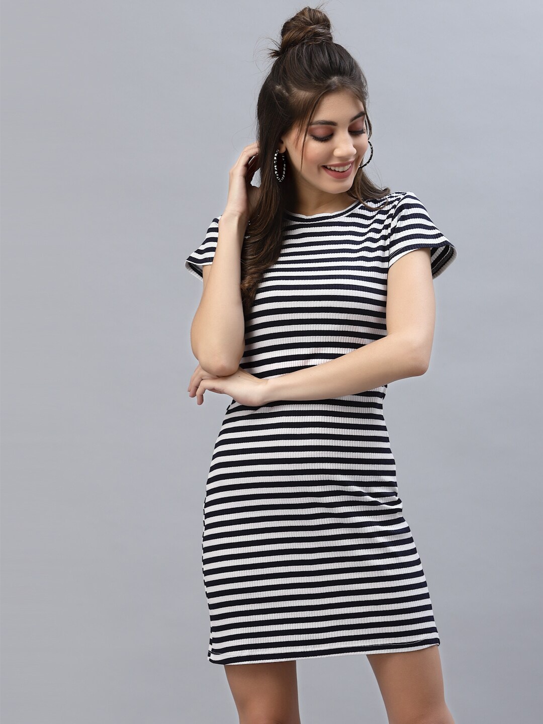 

KASSUALLY Navy Blue & White Striped Bodycon Dress