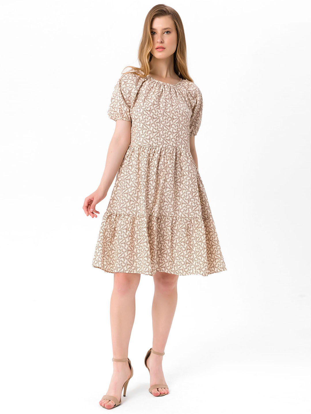 

bebe PLUS Brown & Off White Pure Cotton Floral A-Line Tiered Dress