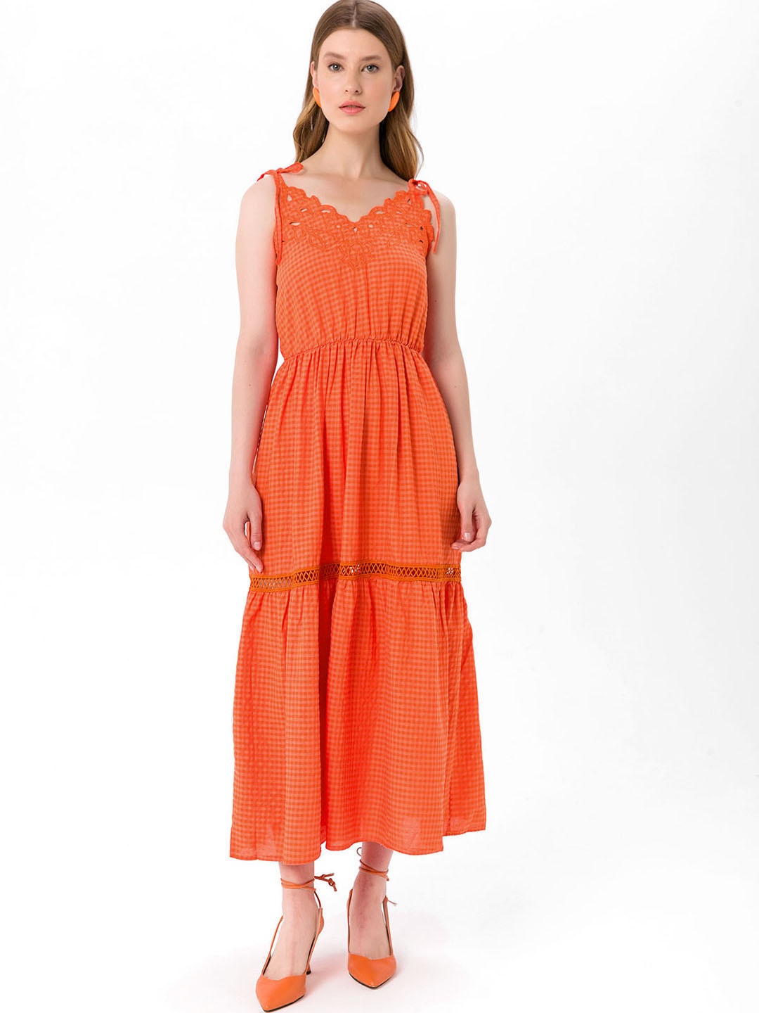 

bebe PLUS Orange Checked Maxi Dress