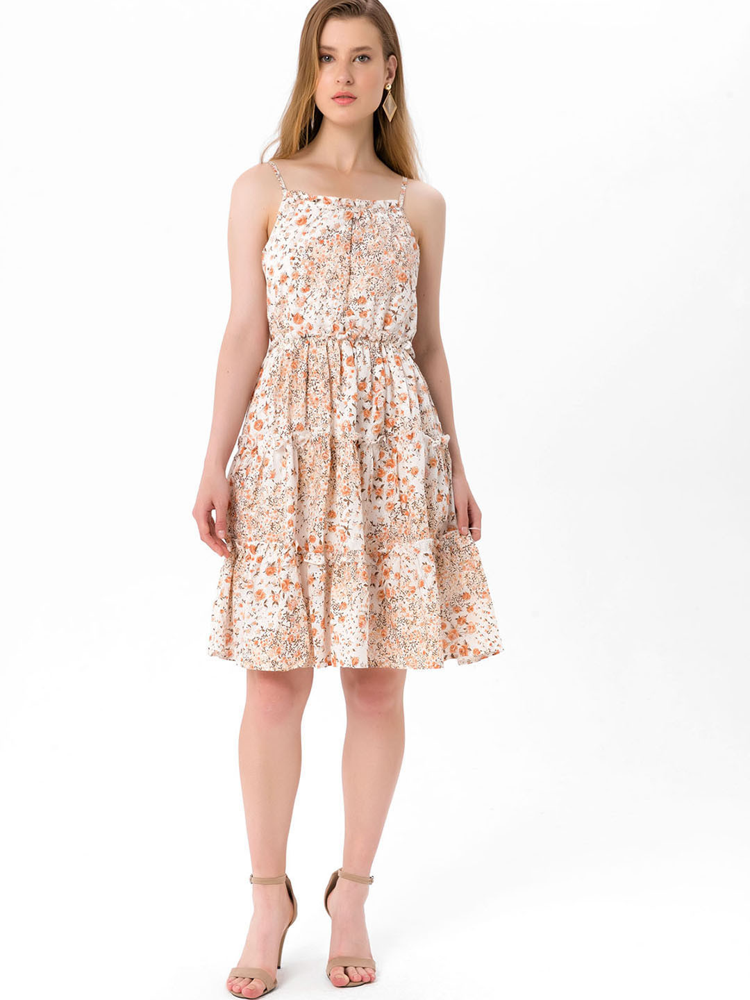 

bebe PLUS Orange & Off White Floral A-Line Dress