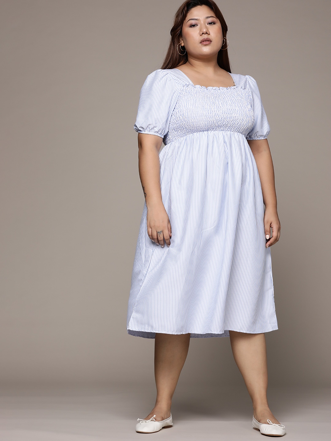 

bebe PLUS Blue & White Striped A-Line Midi Dress