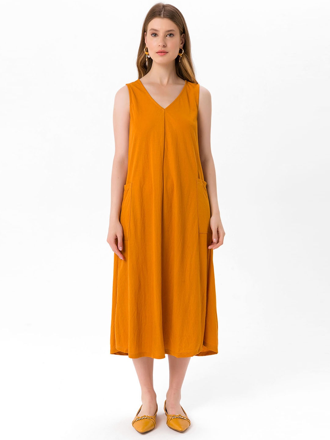 

bebe PLUS Mustard Yellow A-Line Midi Dress