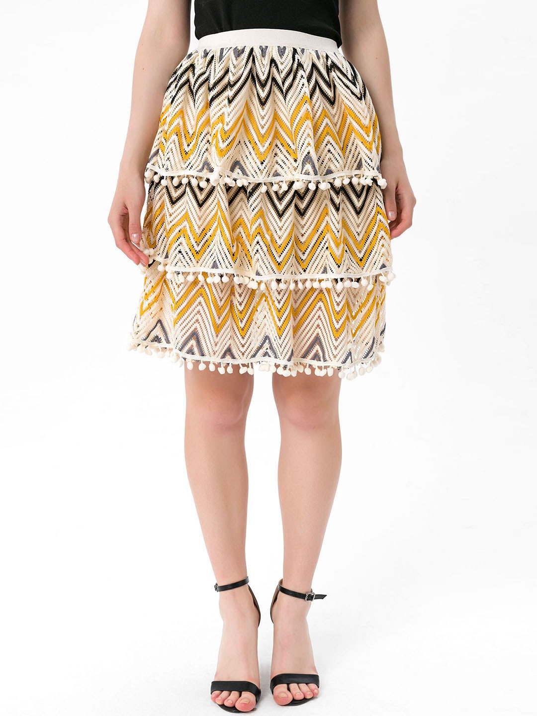

bebe PLUS Off-White & Mustard Yellow Self Design Casual A-Line Skirt