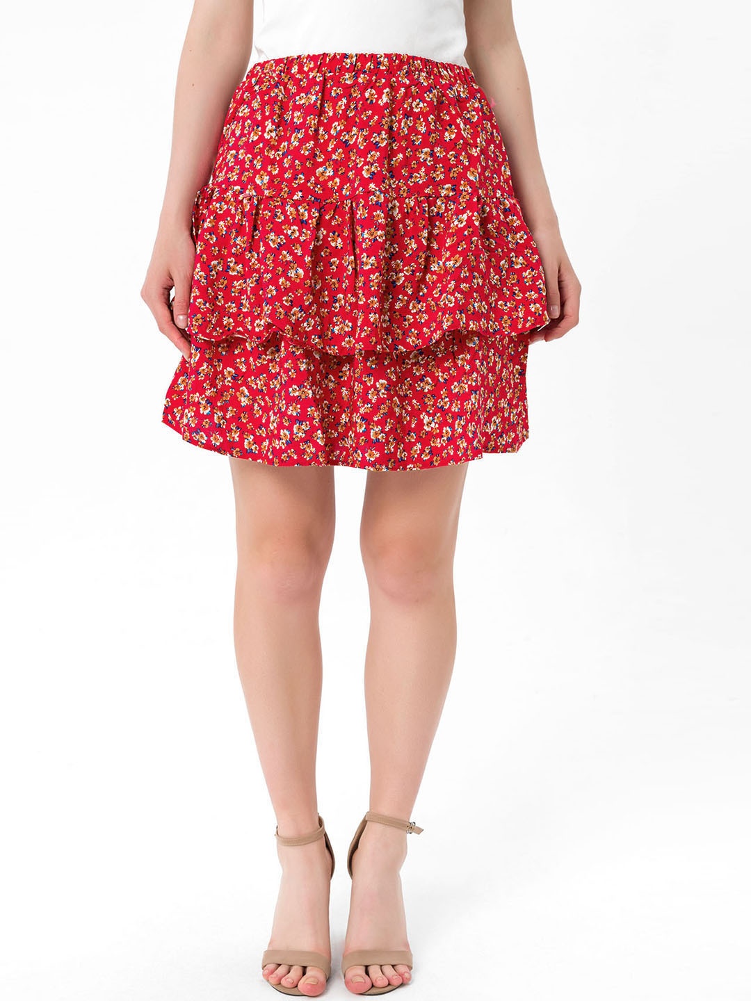 

bebe PLUS Red & Orange Floral Print Layered Casual A-Line Skirt