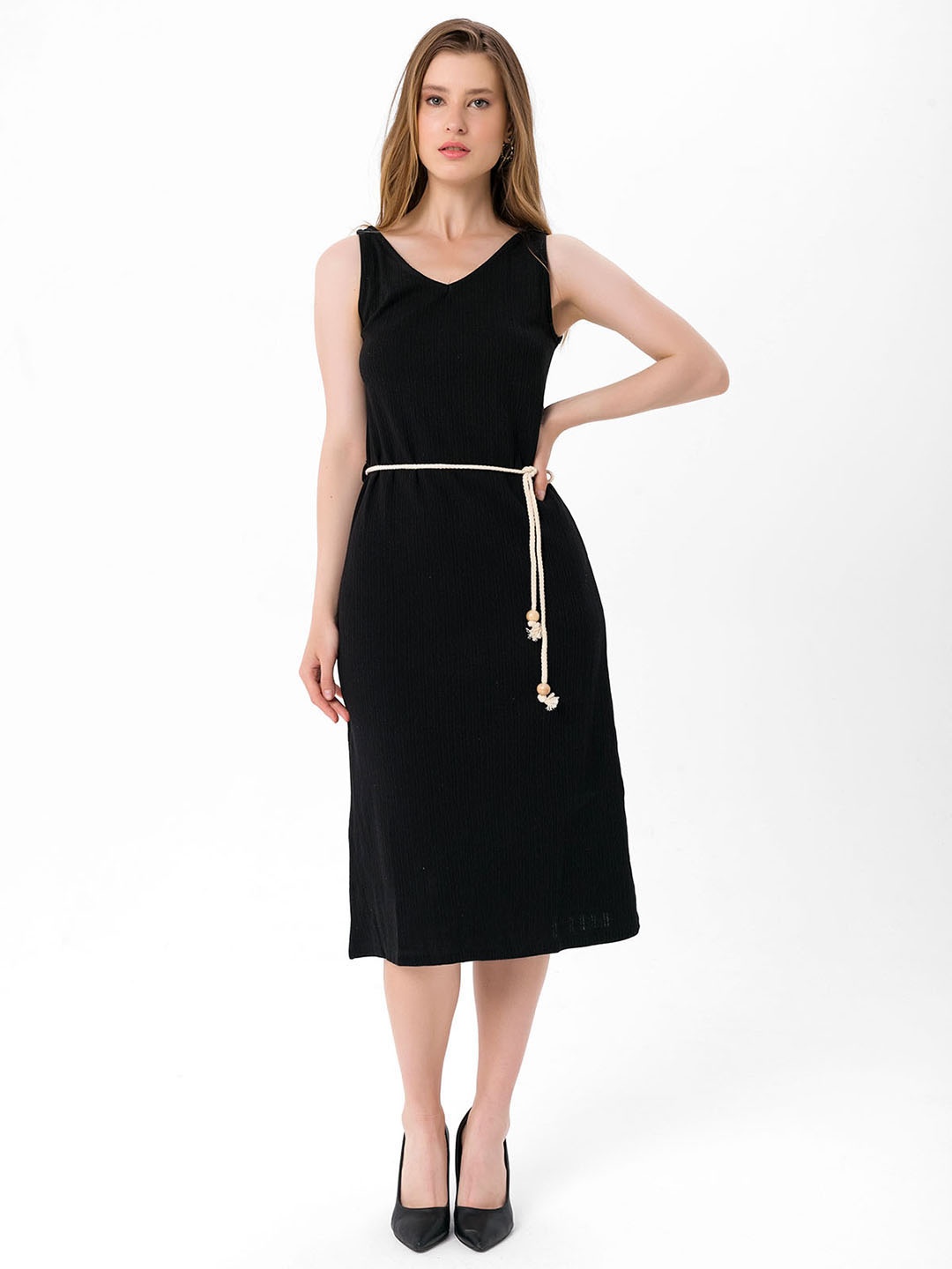 

bebe PLUS Black Pure Cotton Textured Sheath Midi Dress Comes with a Belt