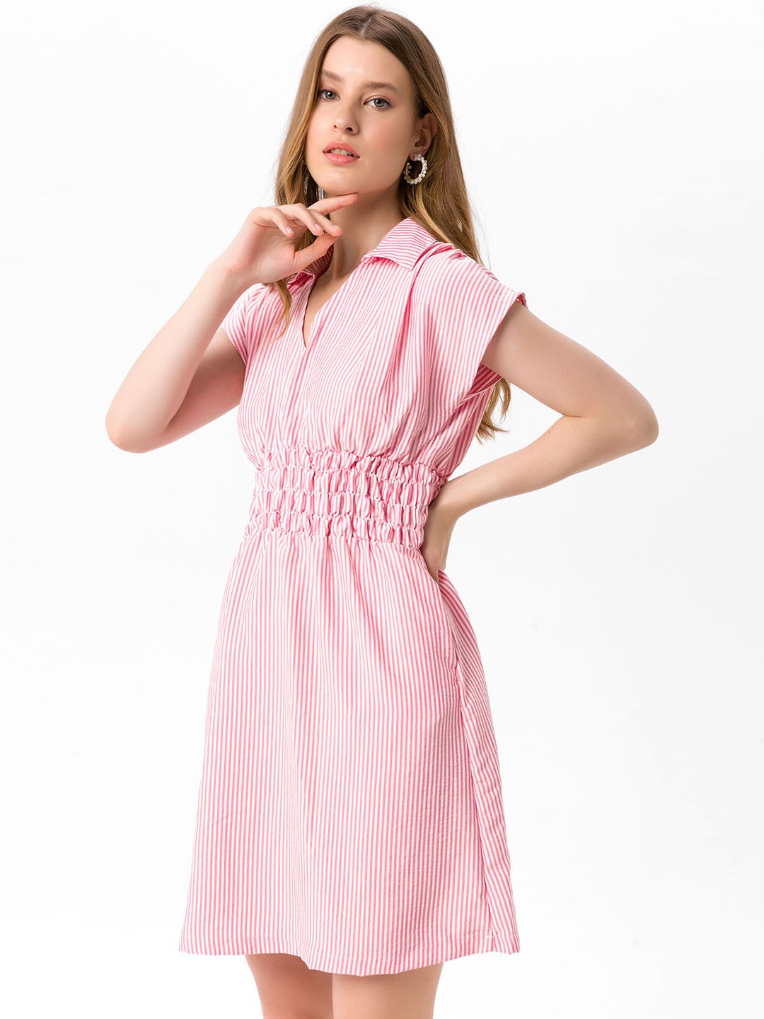 

bebe PLUS Pink Striped Smocked Shirt Dress