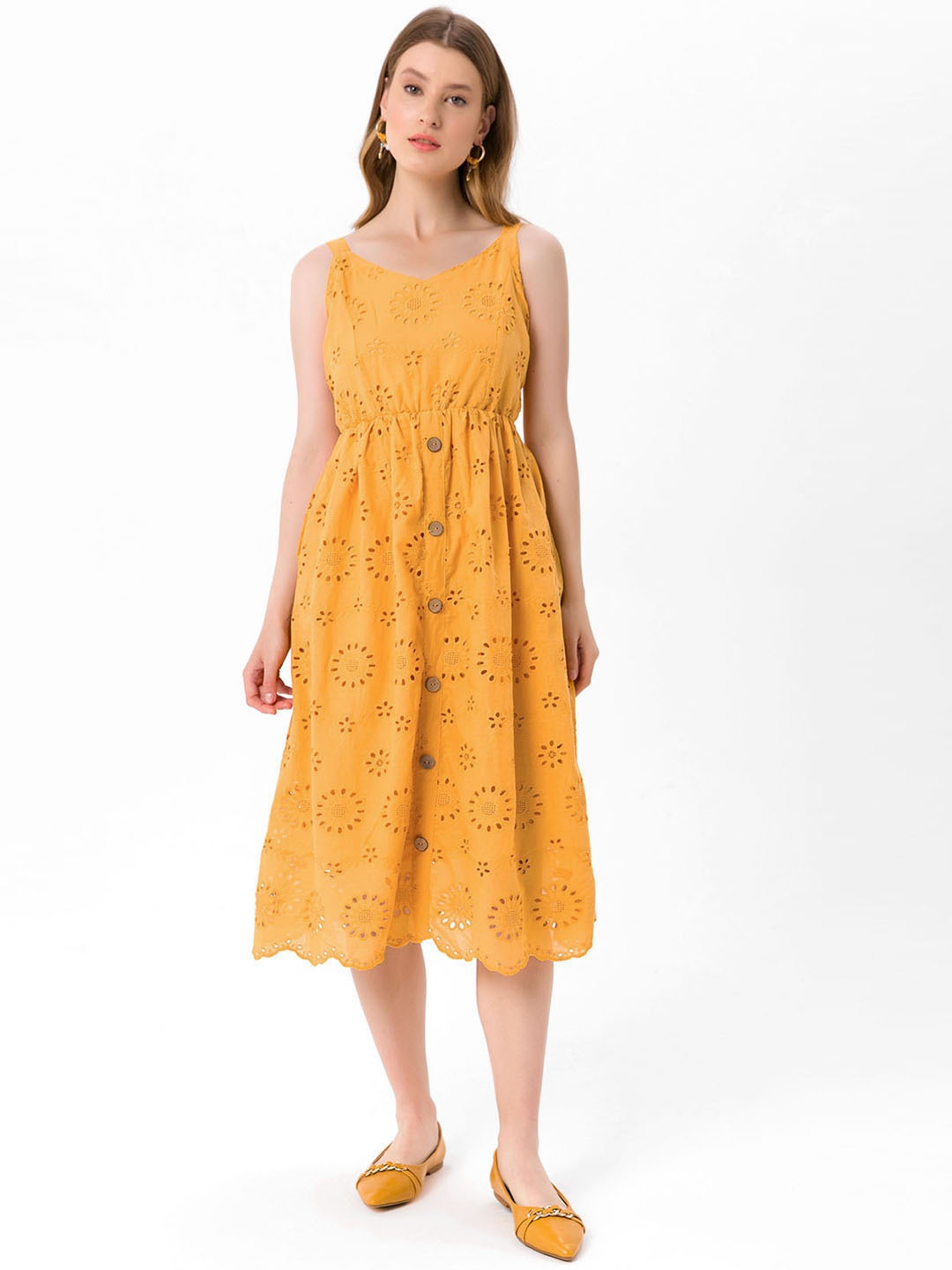 

bebe PLUS Mustard Yellow Pure Cotton Floral Embroidered A-Line Midi Dress