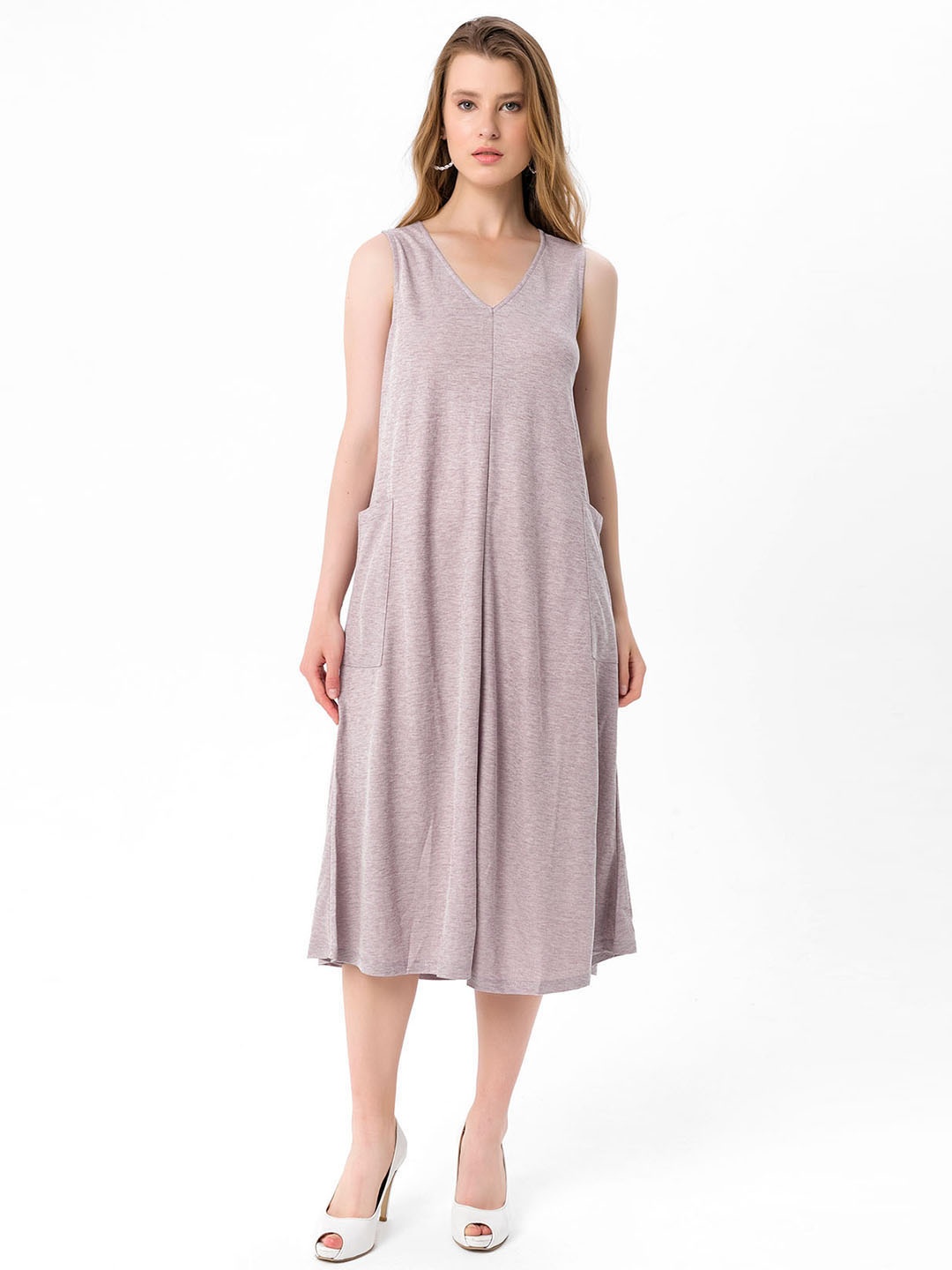 

bebe PLUS Mauve Solid Pocket Detail A-Line Midi Dress