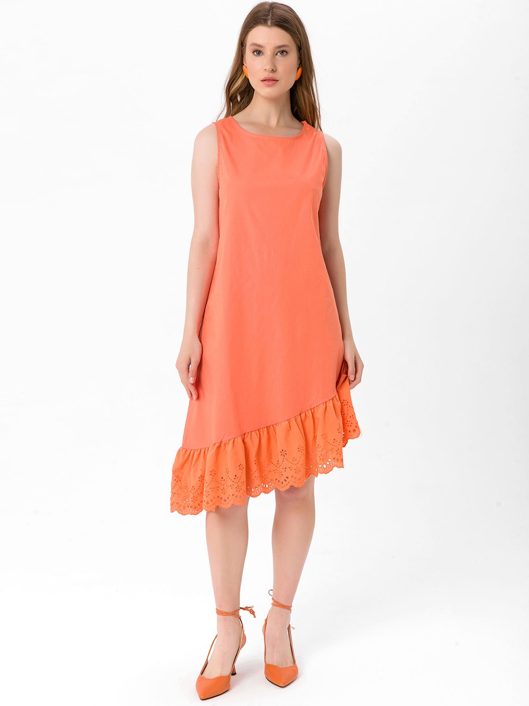 

bebe PLUS Orange Pure Cotton Solid Asymmetric Lace Hem Detail A-Line Dress