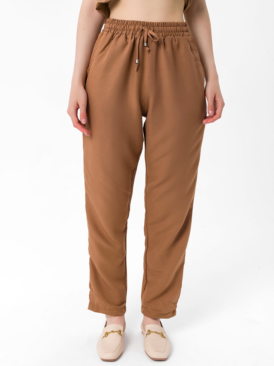 

bebe PLUS Women Camel Brown Pleated Trousers