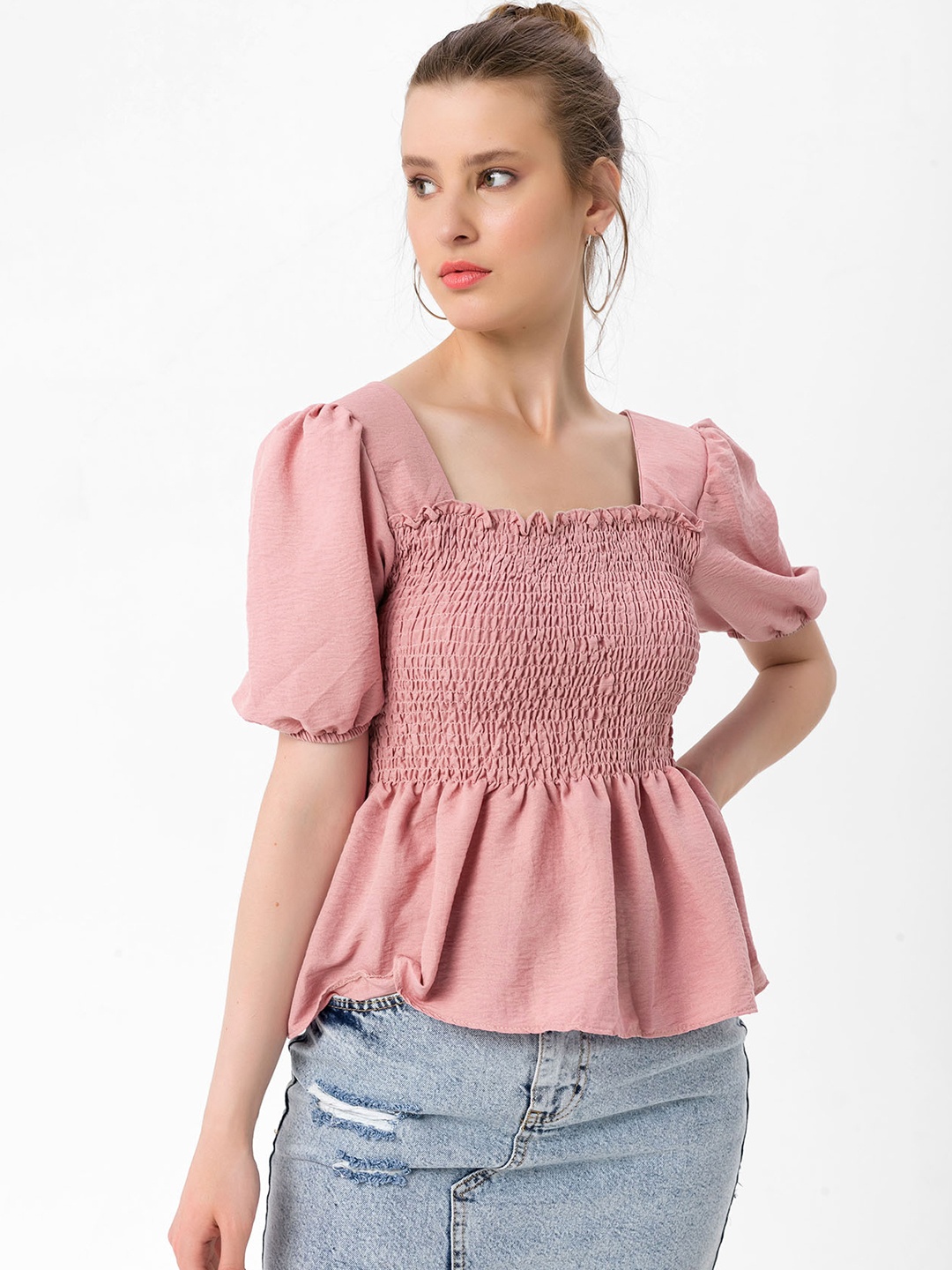 

bebe PLUS Pink Square Neck Smocked Top