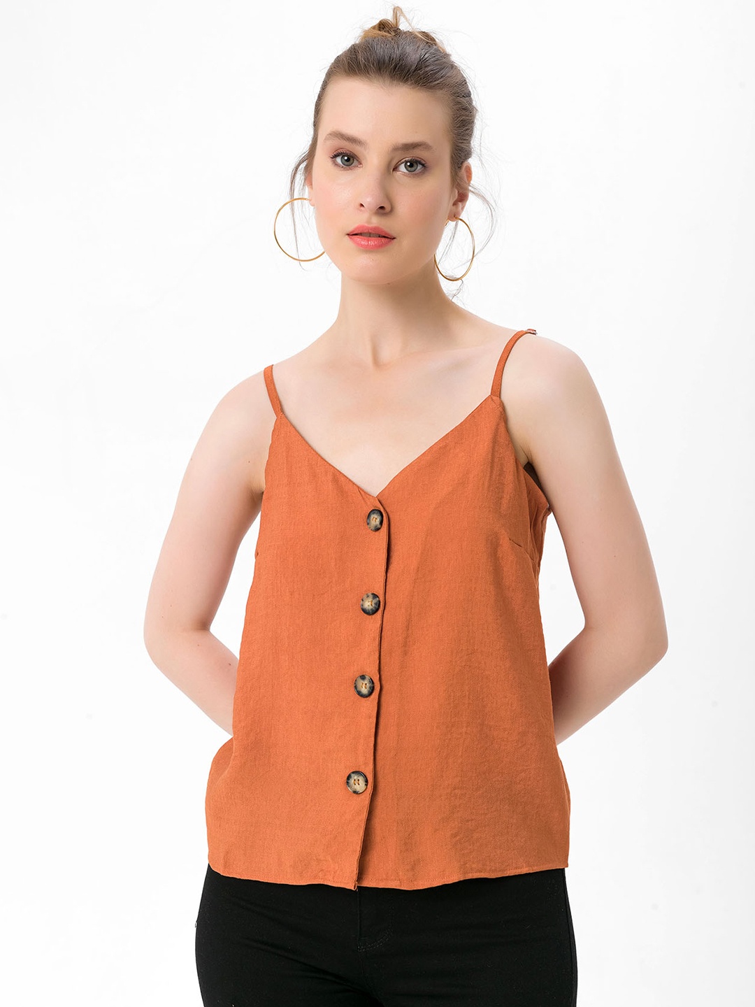

bebe PLUS Rust Orange Solid Shoulder Strap Top