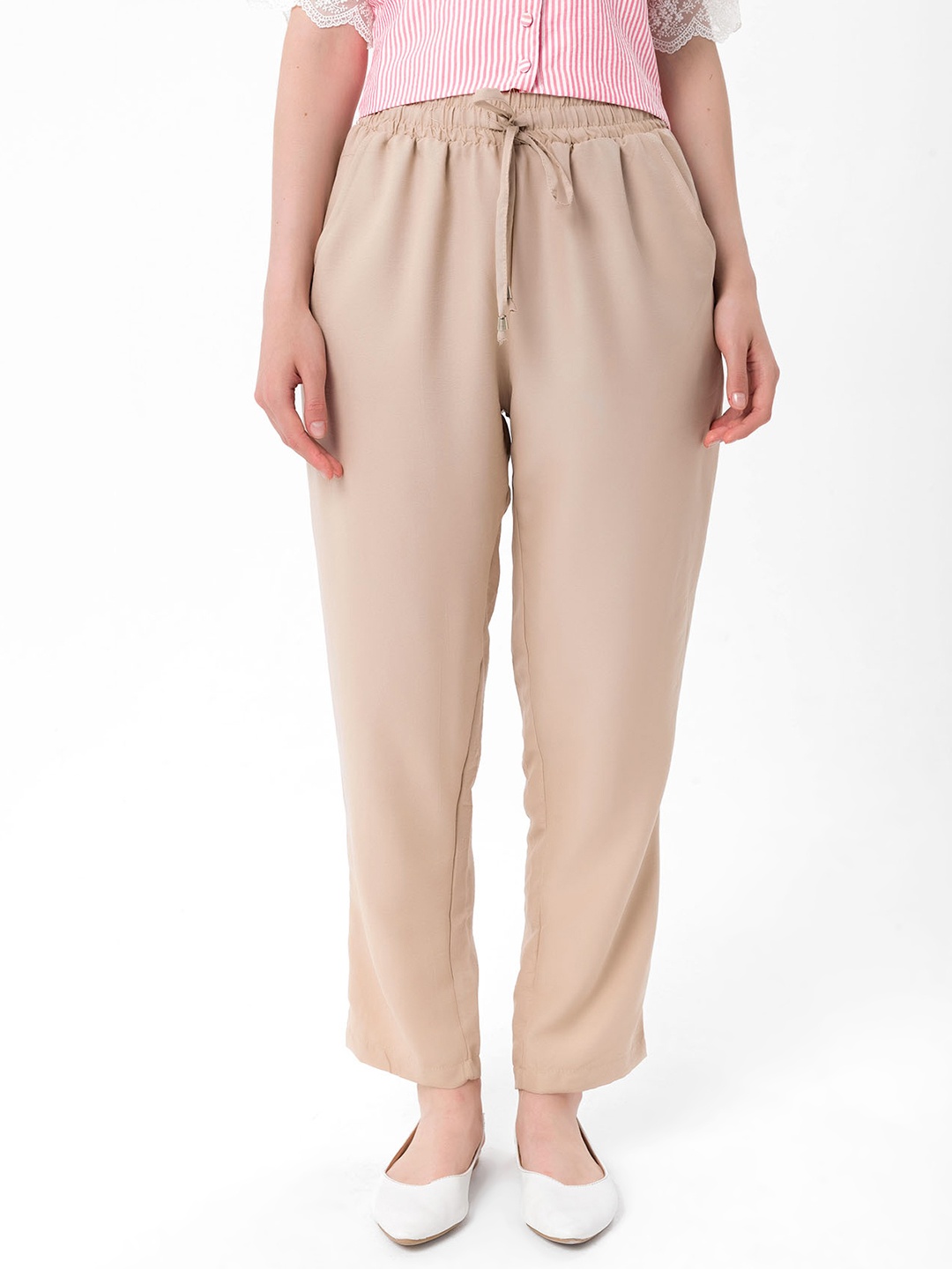 

bebe PLUS Women Beige Solid Pleated Trousers