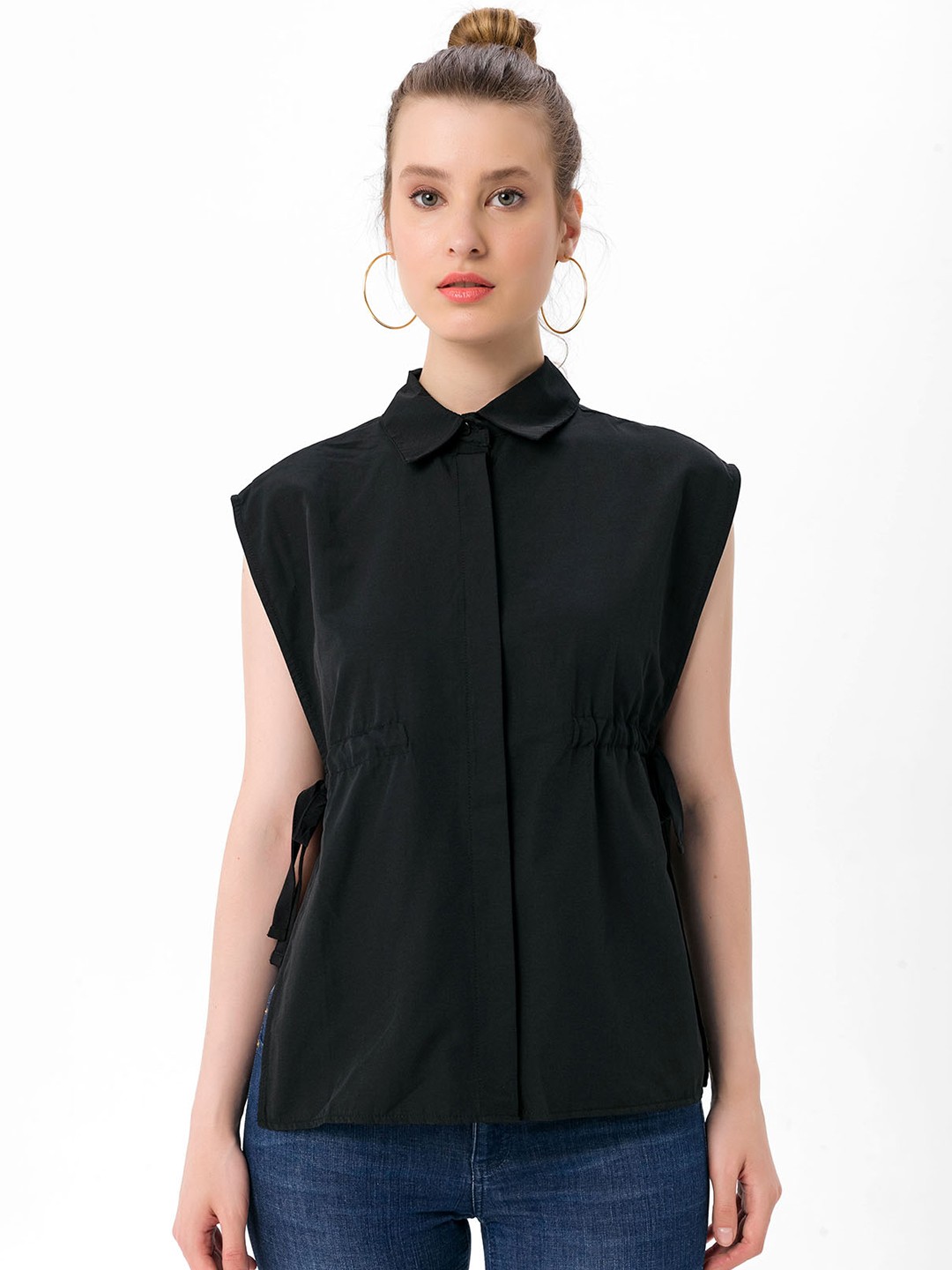 

bebe PLUS Women Black Pure Cotton Solid Tie-up Detail Casual Shirt
