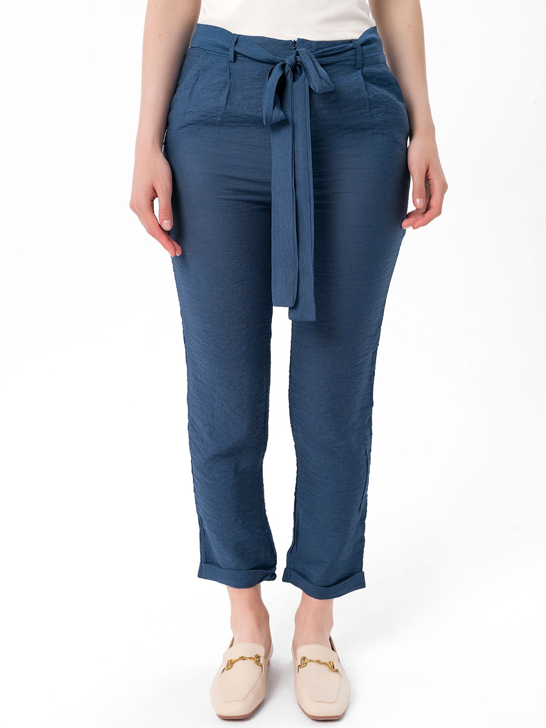 

bebe PLUS Women Navy Blue Solid Mid-Rise Trousers