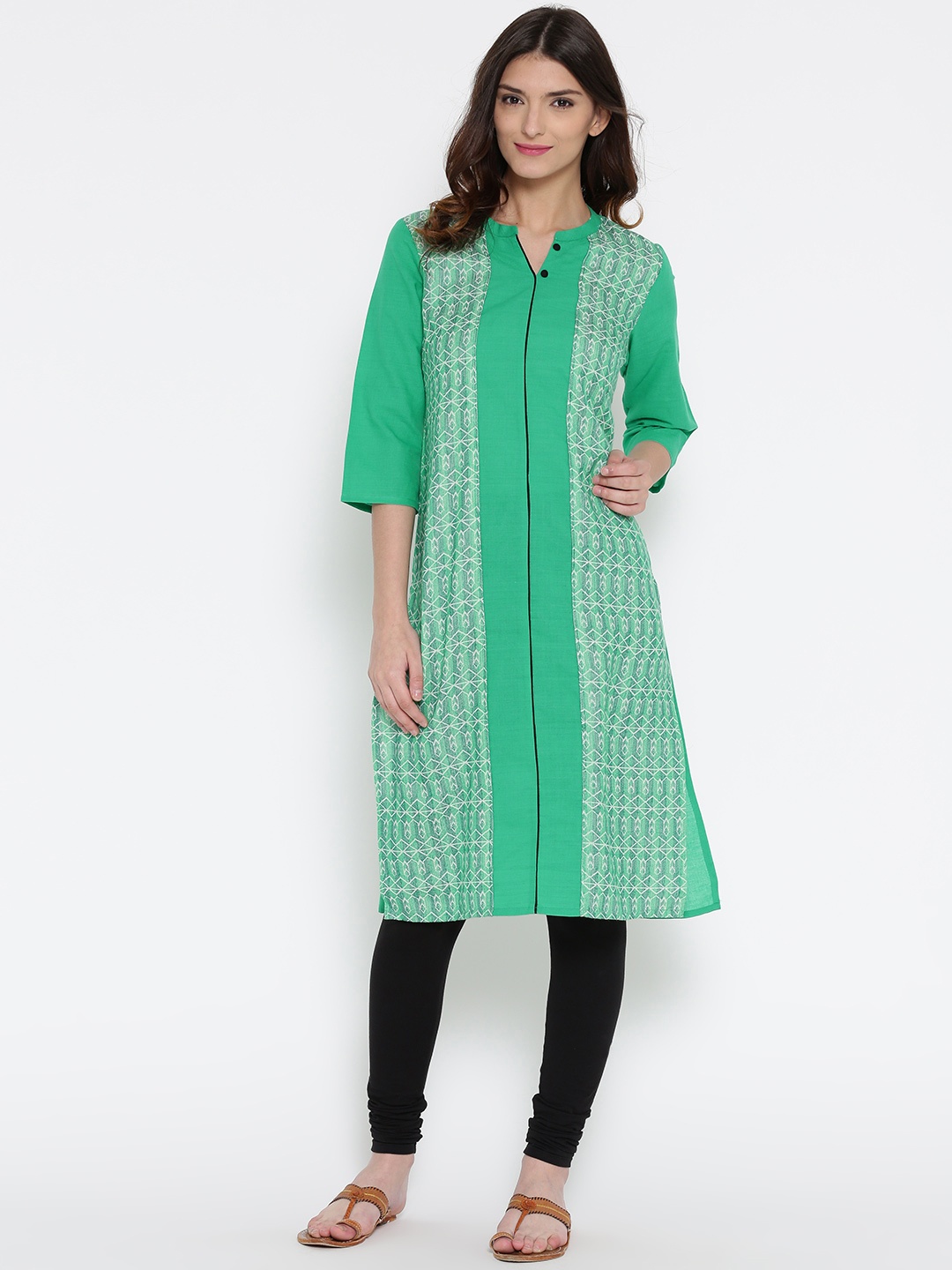 

AURELIA Women Green Woven Design Straight Kurta
