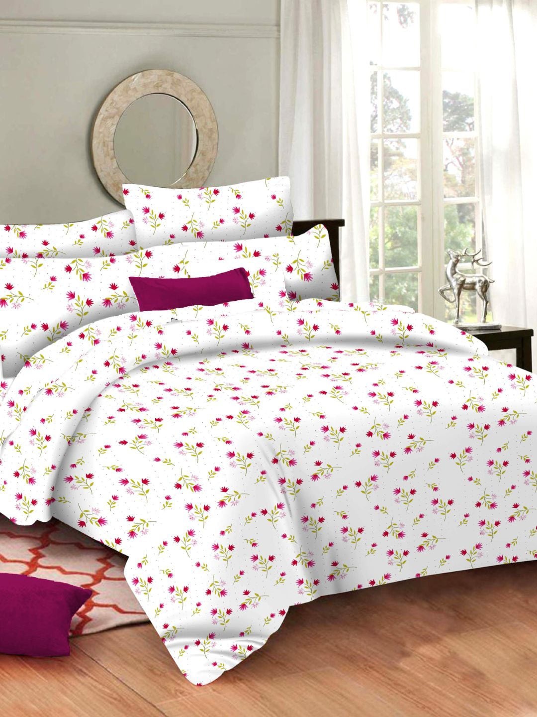 

Sleeping Owls- because your sleep matters Pink & White Floral 144 TC Queen Bedsheet with 2 Pillow Covers