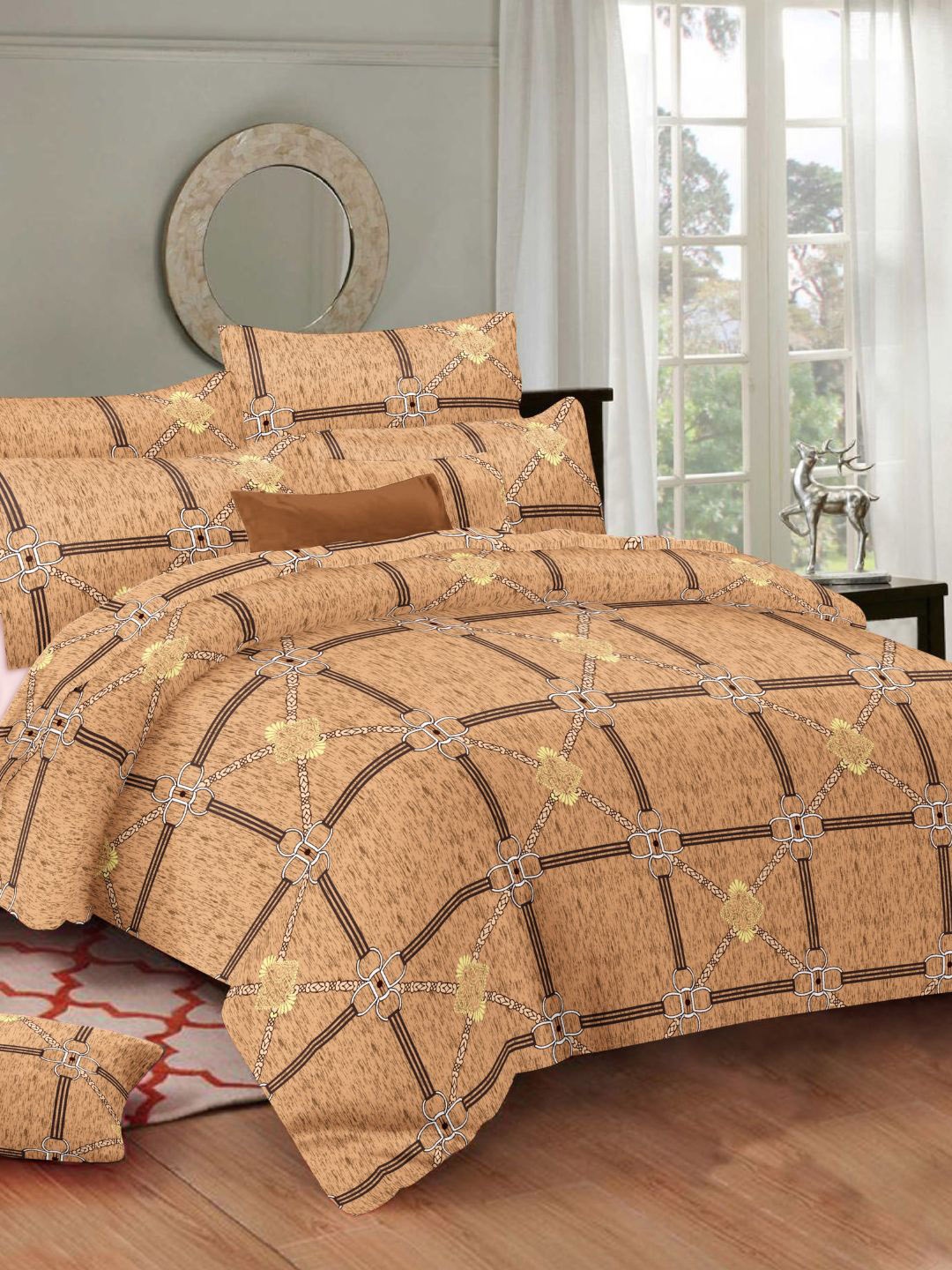 

Sleeping Owls- because your sleep matters Orange & Brown Geometric 144 TC Queen Bedsheet