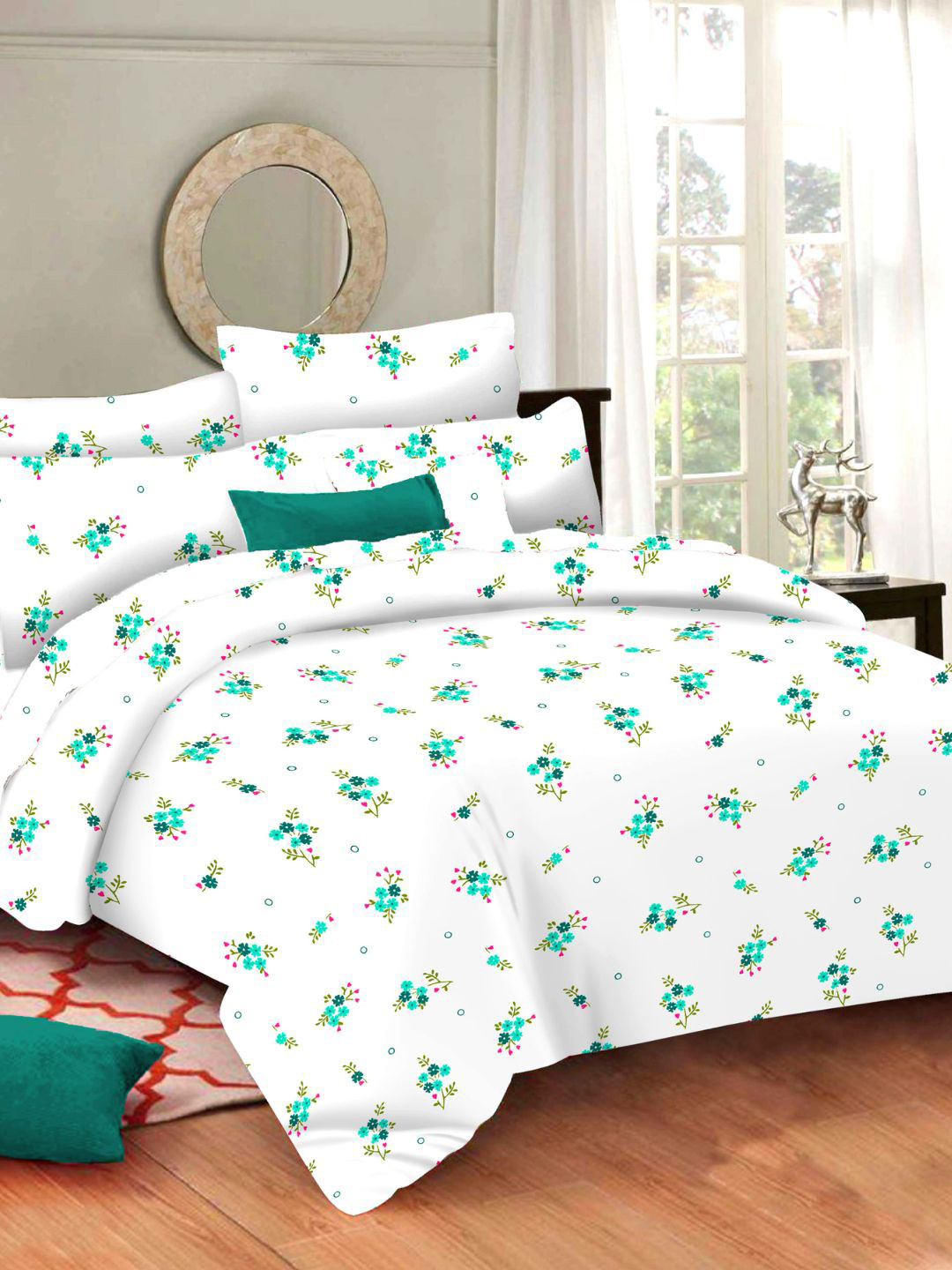 

Sleeping Owls- because your sleep matters Sea Green & Off White 144 TC Queen Bedsheet Set