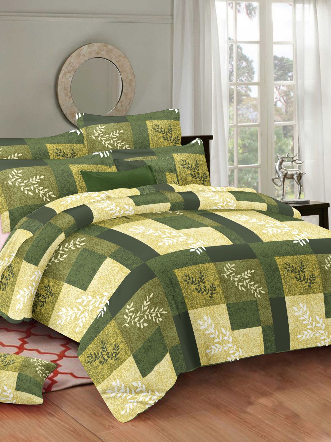 

Sleeping Owls- because your sleep matters Green & Yellow Geometric 144 TC Queen Bedsheet with 2 Pillow