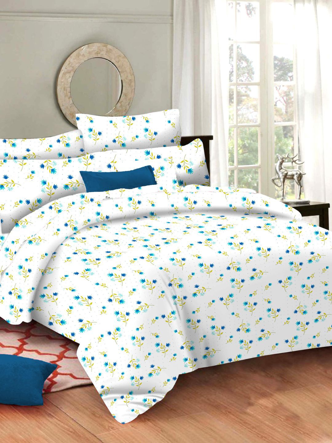 

Sleeping Owls- because your sleep matters Blue & White Floral 144 TC Queen Bedsheet with 2 Pillow Covers