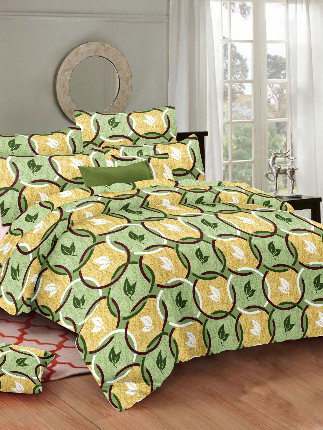 

Sleeping Owls- because your sleep matters Green & Brown Geometric 144 TC Queen Bedsheet with 2 Pillow Covers