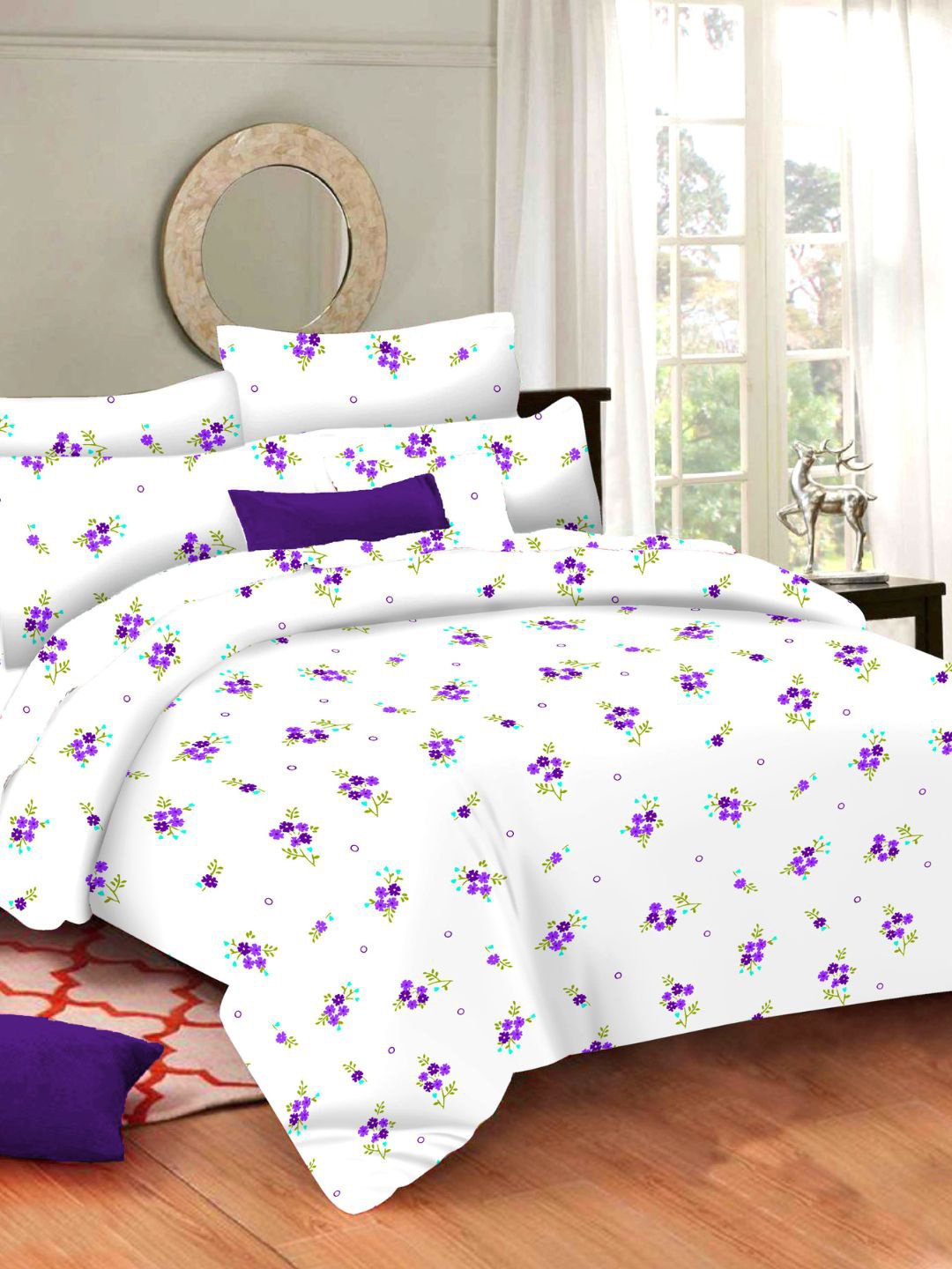 

Sleeping Owls- because your sleep matters Purple & White Floral 144 TC Queen Bedsheet with 2 Pillow Covers