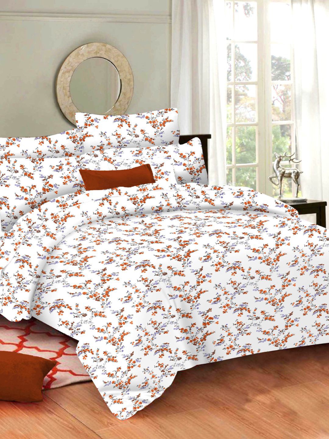 

Sleeping Owls- because your sleep matters Red & Orange Floral 144 TC Queen Bedsheet with 2 Pillow Covers